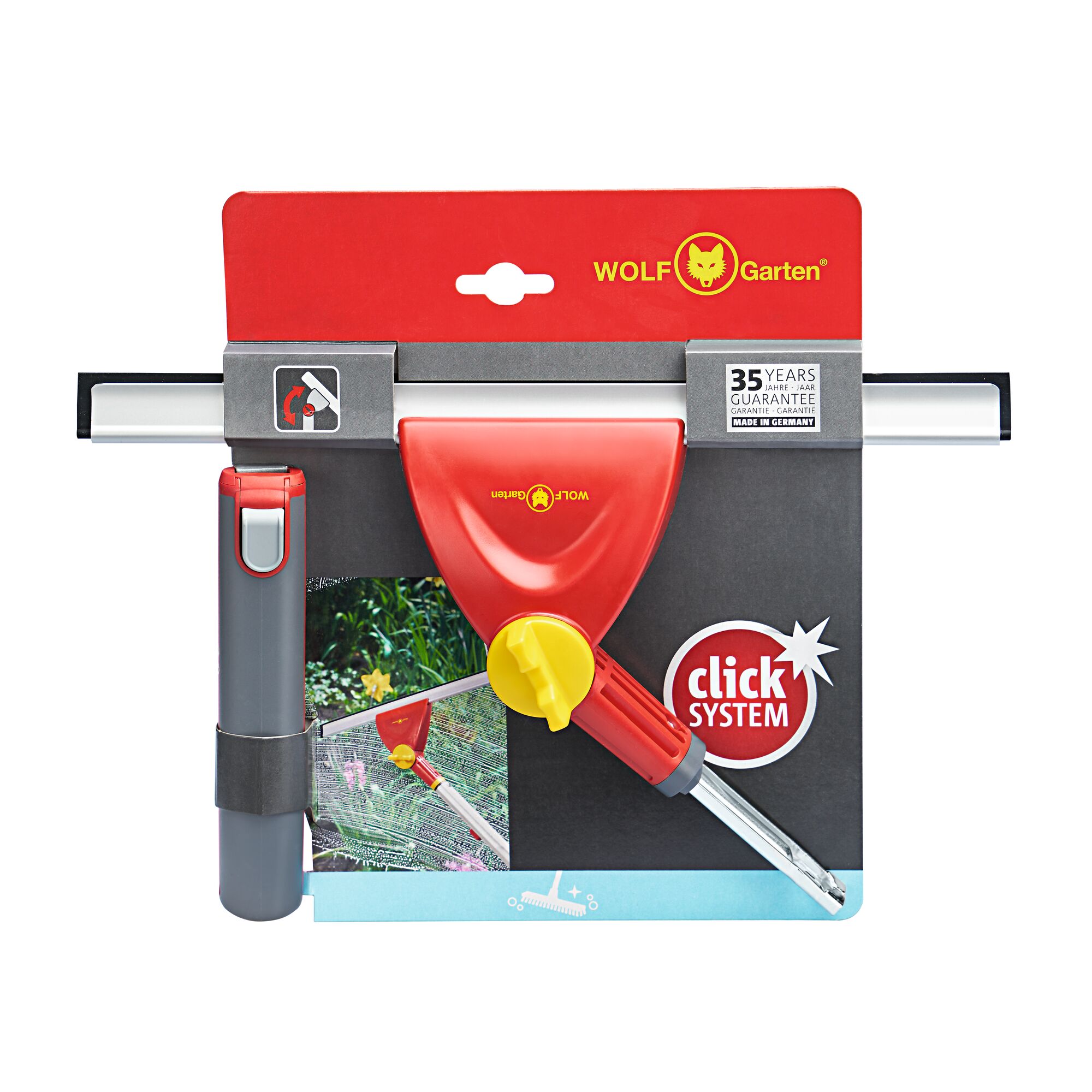 WOLFGarten gardening tool package featuring a red and yellow tool head, a handle, and a cleaning blade, displayed in branded packaging with 'click system' and a 35-year guarantee label.