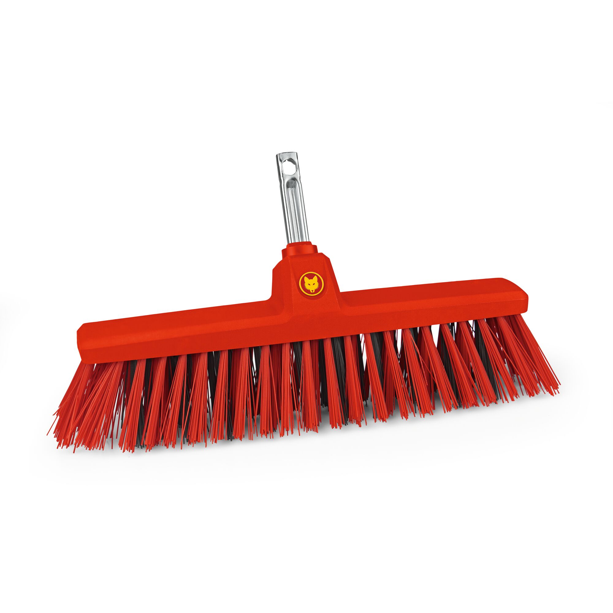 A red outdoor broom head with stiff bristles and a metal connector, suitable for sweeping hard surfaces. The product features a yellow wolf logo on the front.