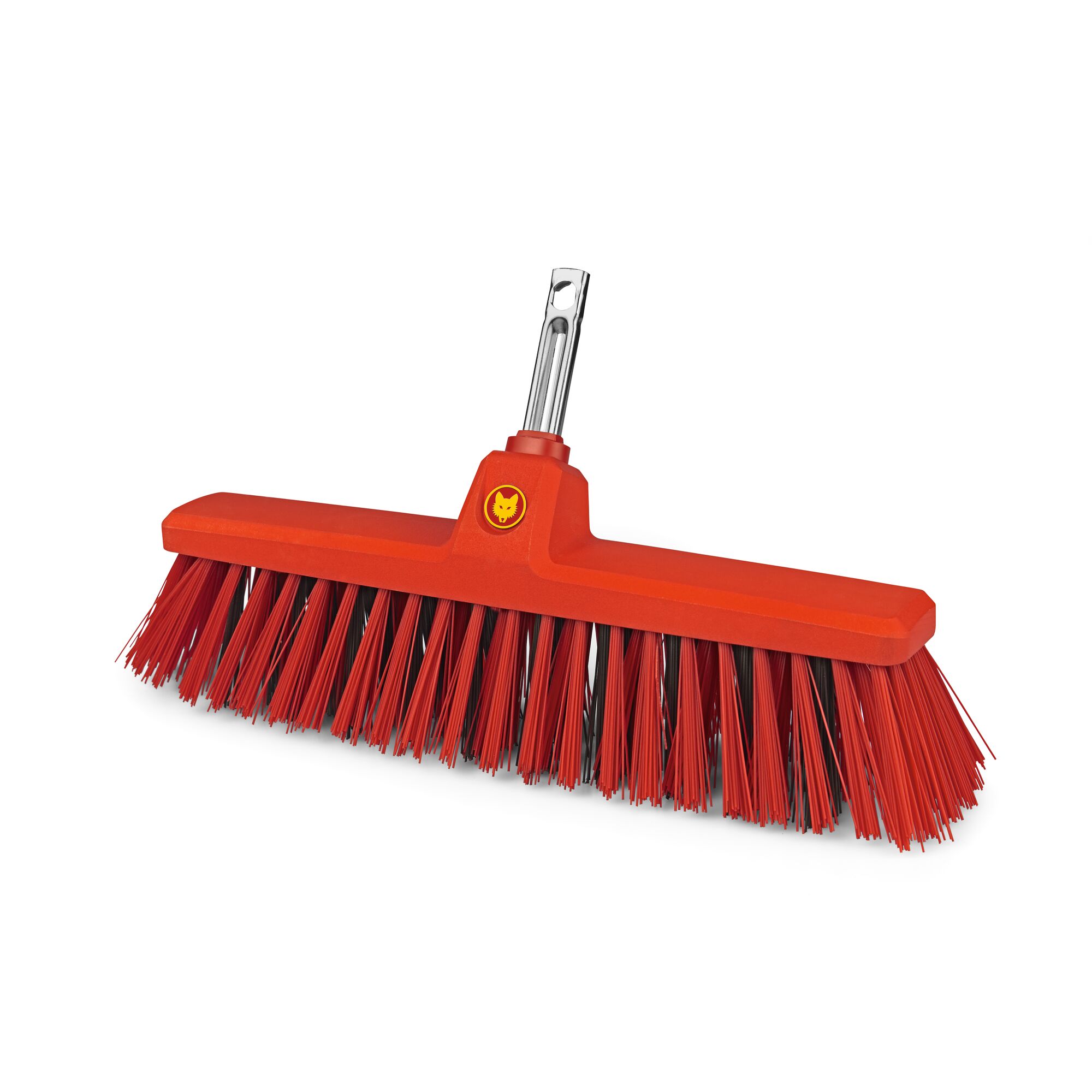 A red outdoor broom head with stiff bristles and a metal connector, suitable for sweeping patios or garden paths. The broom features a yellow logo on the handle attachment.