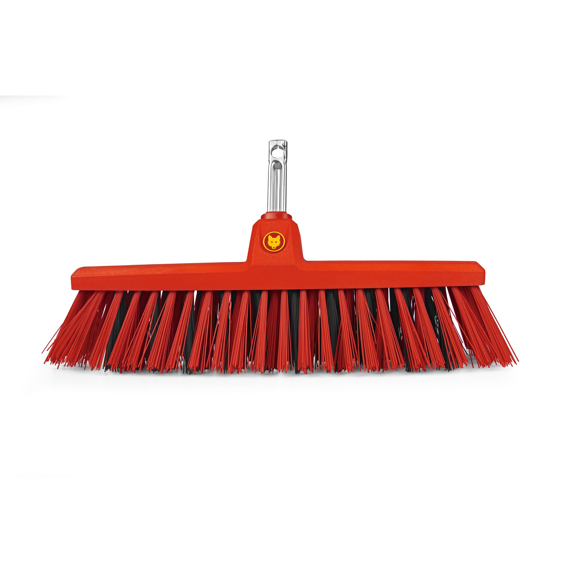 A WOLF-Garten outdoor broom head in red and black with stiff synthetic bristles and a metal attachment point at the top, photographed on a white background.