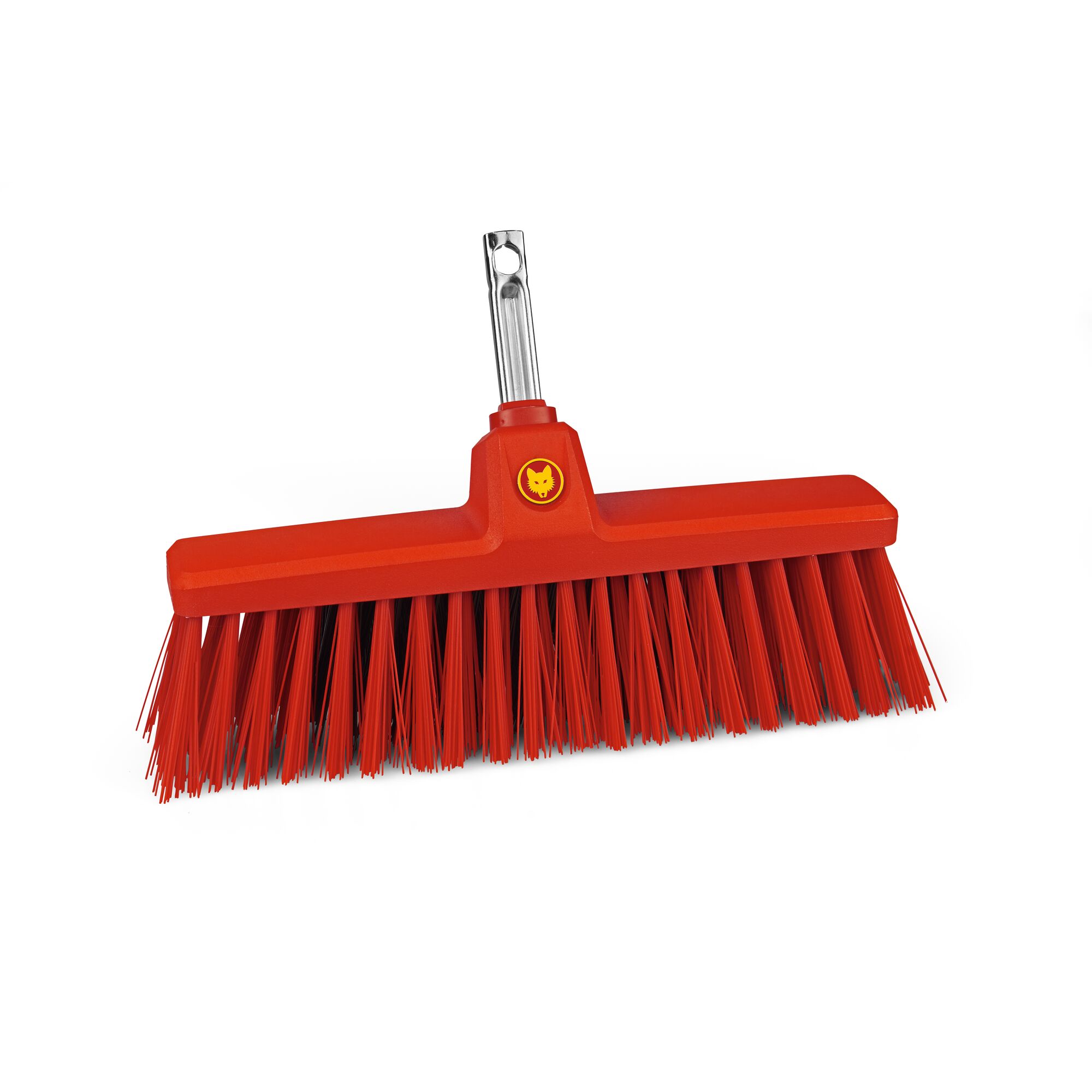 Red outdoor broom head with stiff bristles and metal connector, designed for sweeping debris, shown against a white background.