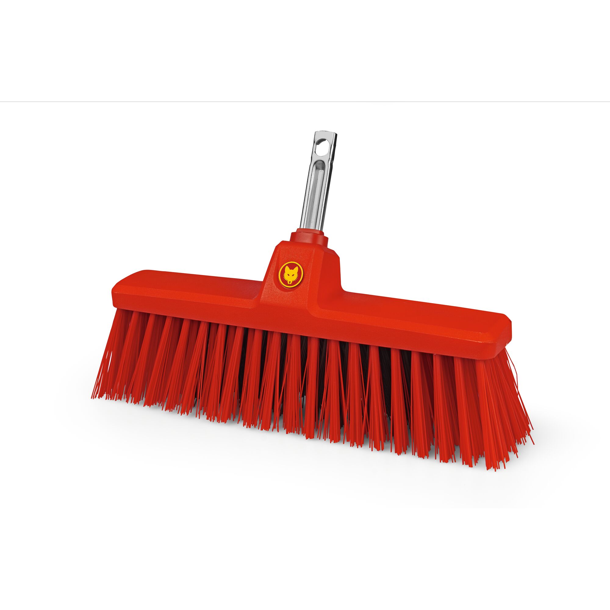 A red outdoor broom head with stiff synthetic bristles and a metal attachment, branded with a yellow logo, shown on a white background.