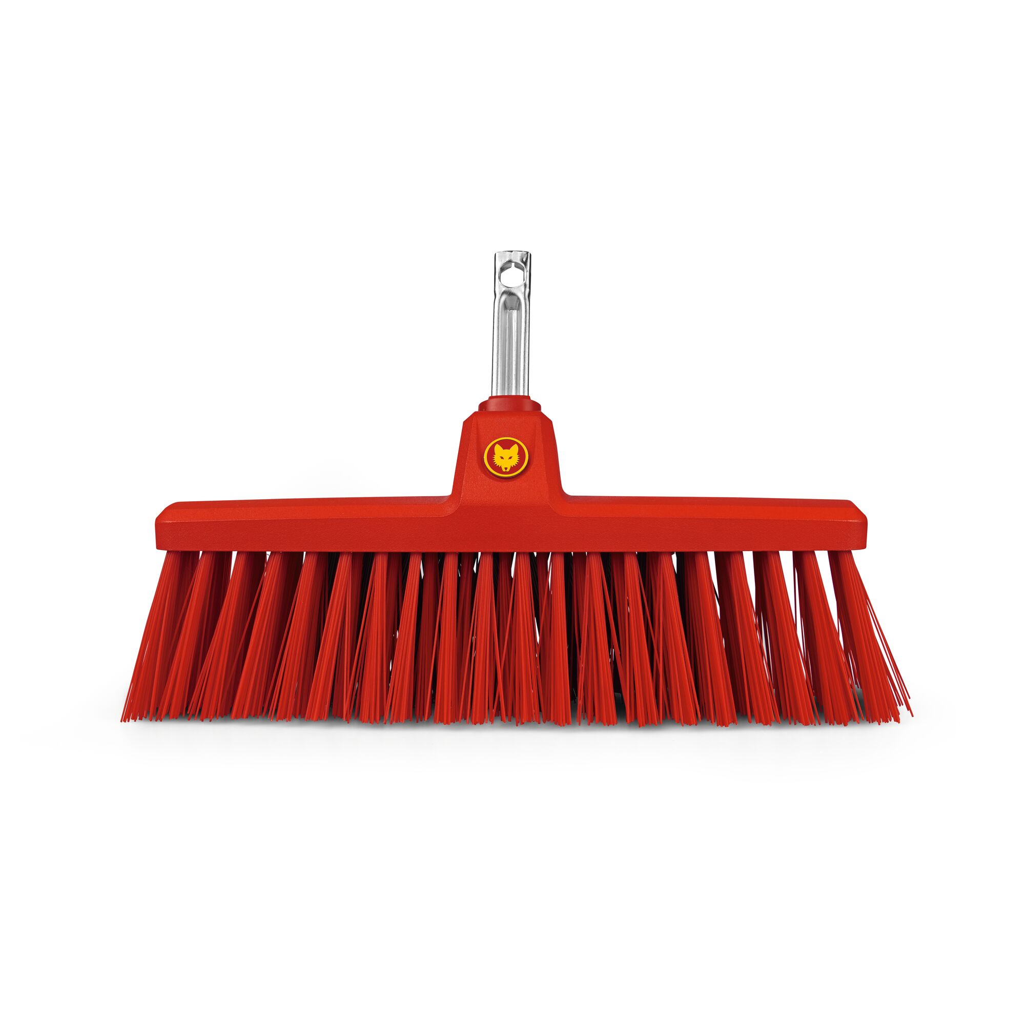 Front view of a red WOLF-Garten outdoor broom head with sturdy synthetic bristles and a metal attachment point, designed for sweeping outdoor surfaces.