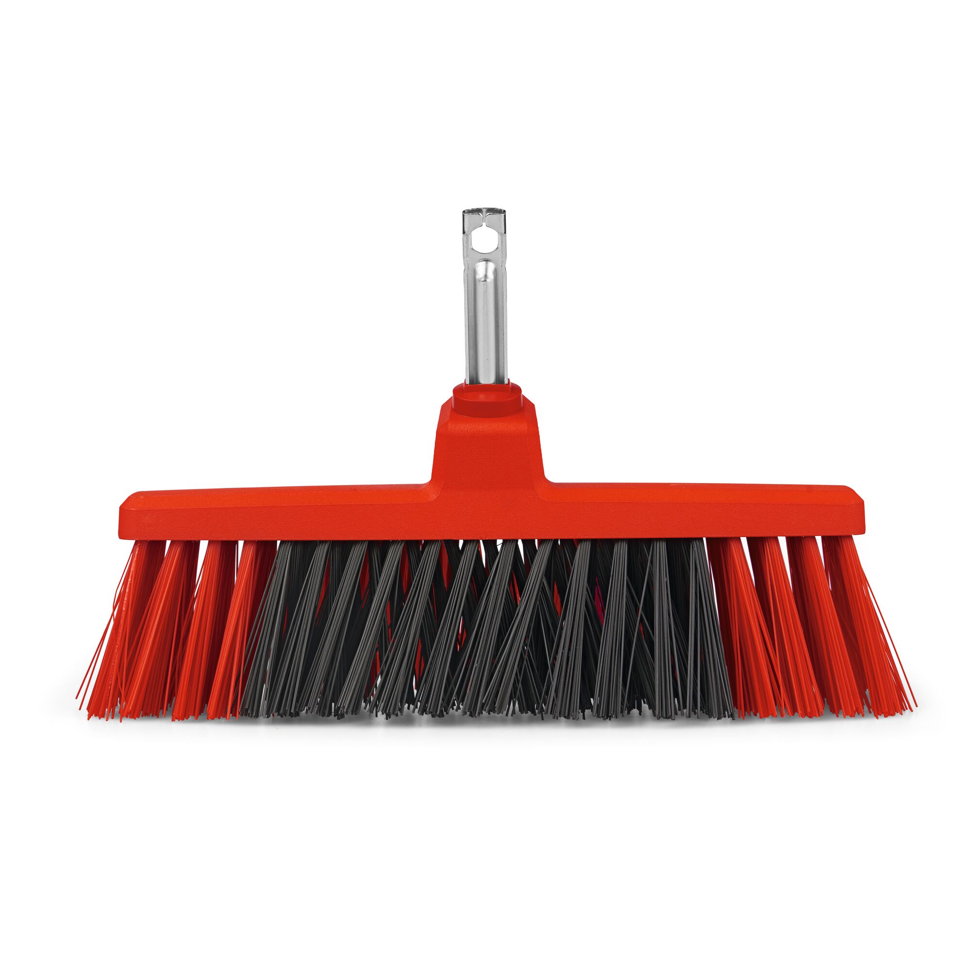 A close-up view of a red and black broom head with synthetic bristles and a metal attachment for a handle, shown against a white background.