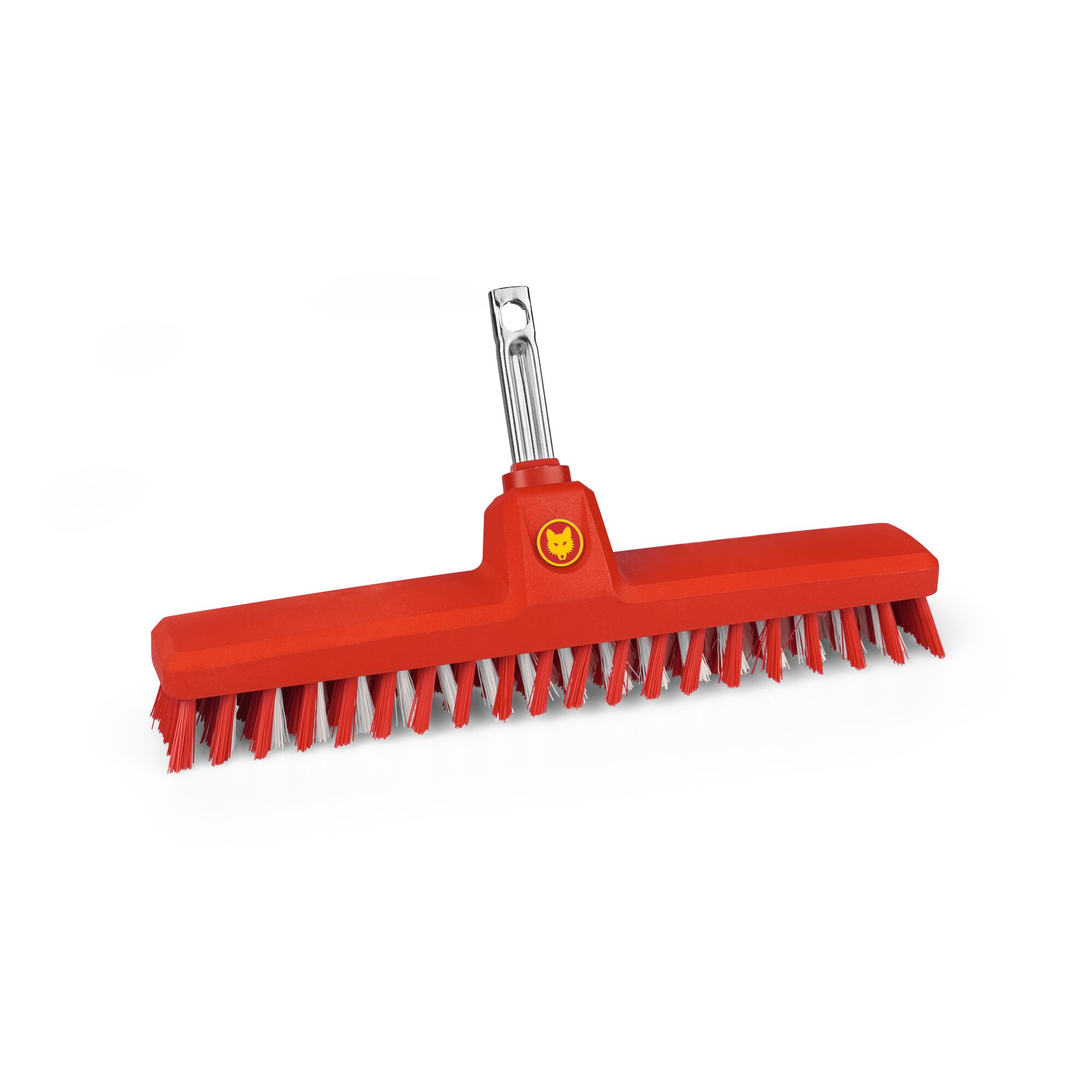 A red outdoor broom head with sturdy, angled bristles and a metal attachment point, designed for sweeping patios and hard surfaces. The product features a yellow logo on the front.