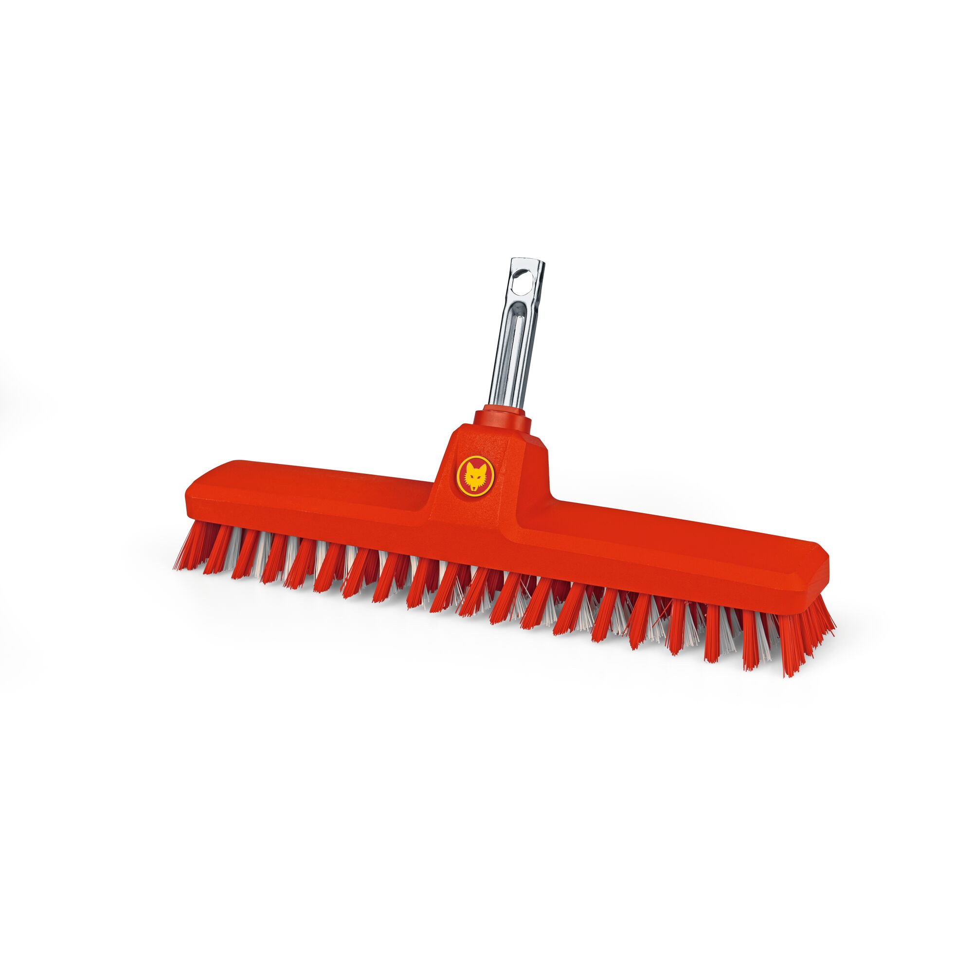 A red outdoor broom head with sturdy bristles and a metal attachment slot, designed for garden or patio cleaning. The broom features the WOLFGarten logo on its front.