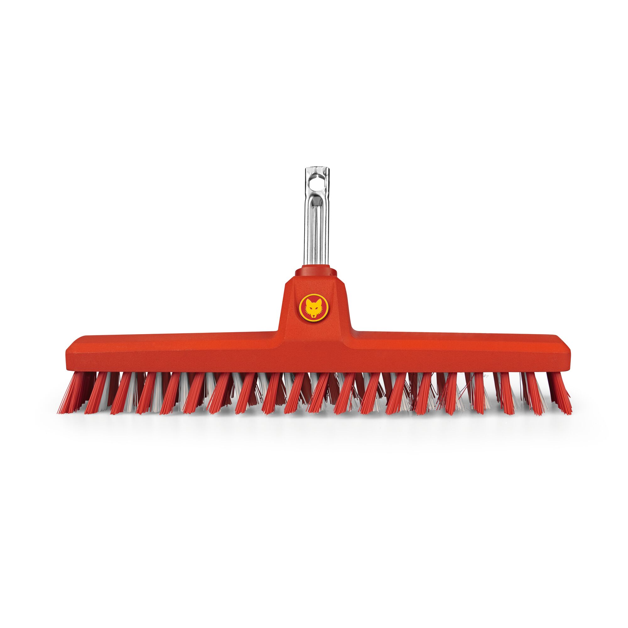 A red and yellow garden broom head with stiff bristles, suitable for cleaning outdoor surfaces.