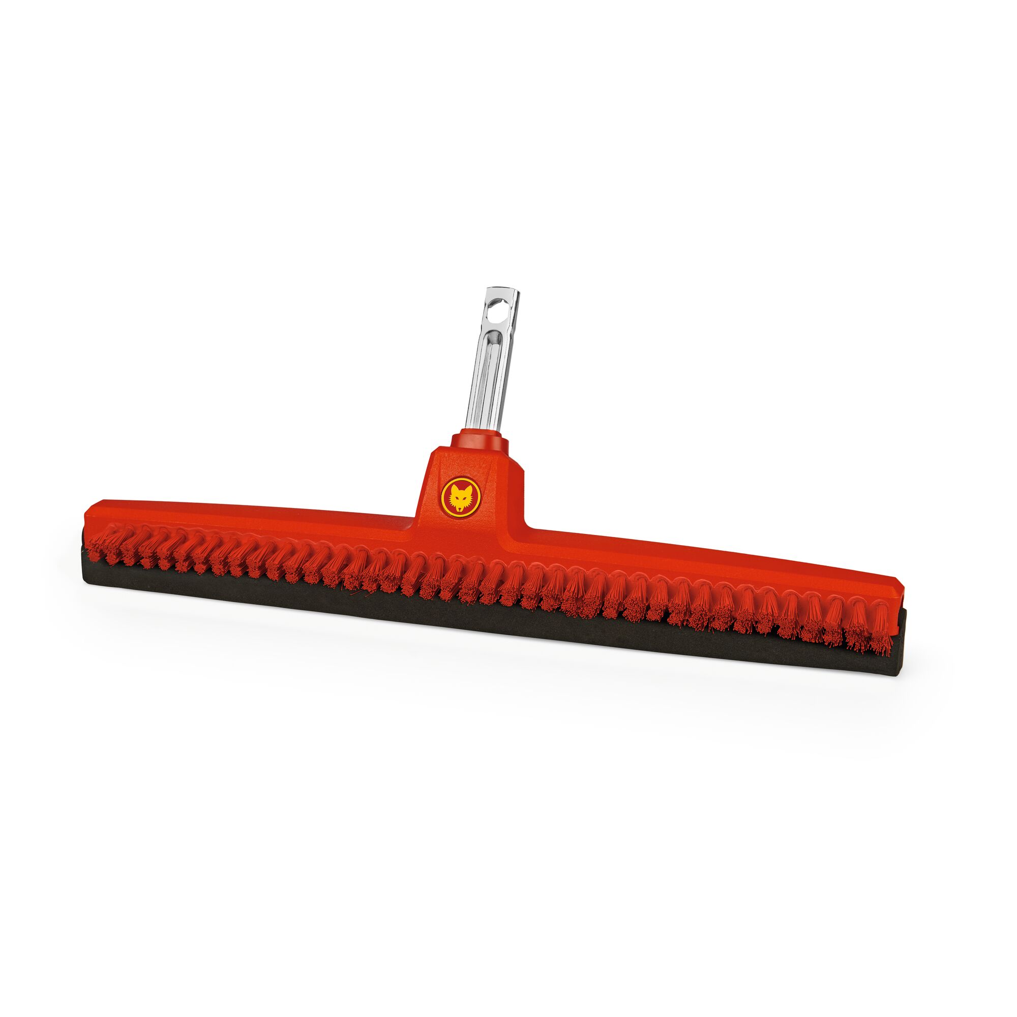 A red and black outdoor broom head with stiff bristles and a metal connector, designed for attachment to a handle. The product features the WOLFGarten logo and is suitable for sweeping large areas.
