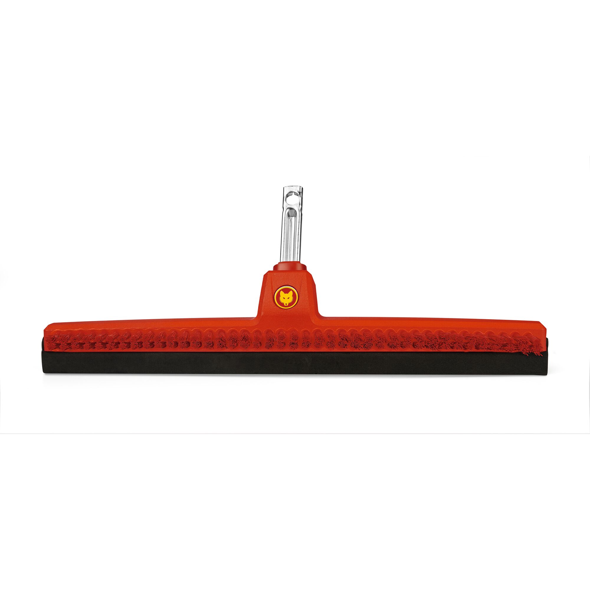 Front view of a WOLF-Garten floor squeegee with a red and black head, featuring a socket for attaching a handle. The squeegee is designed for cleaning surfaces and has a row of bristles above the rubber blade.
