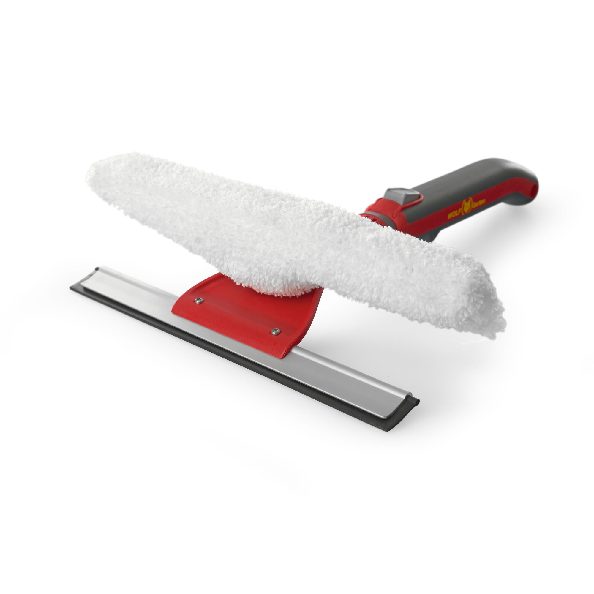 A window cleaning tool with a black and red handle, white microfiber cloth, and a metal blade for wiping, shown on a white background.