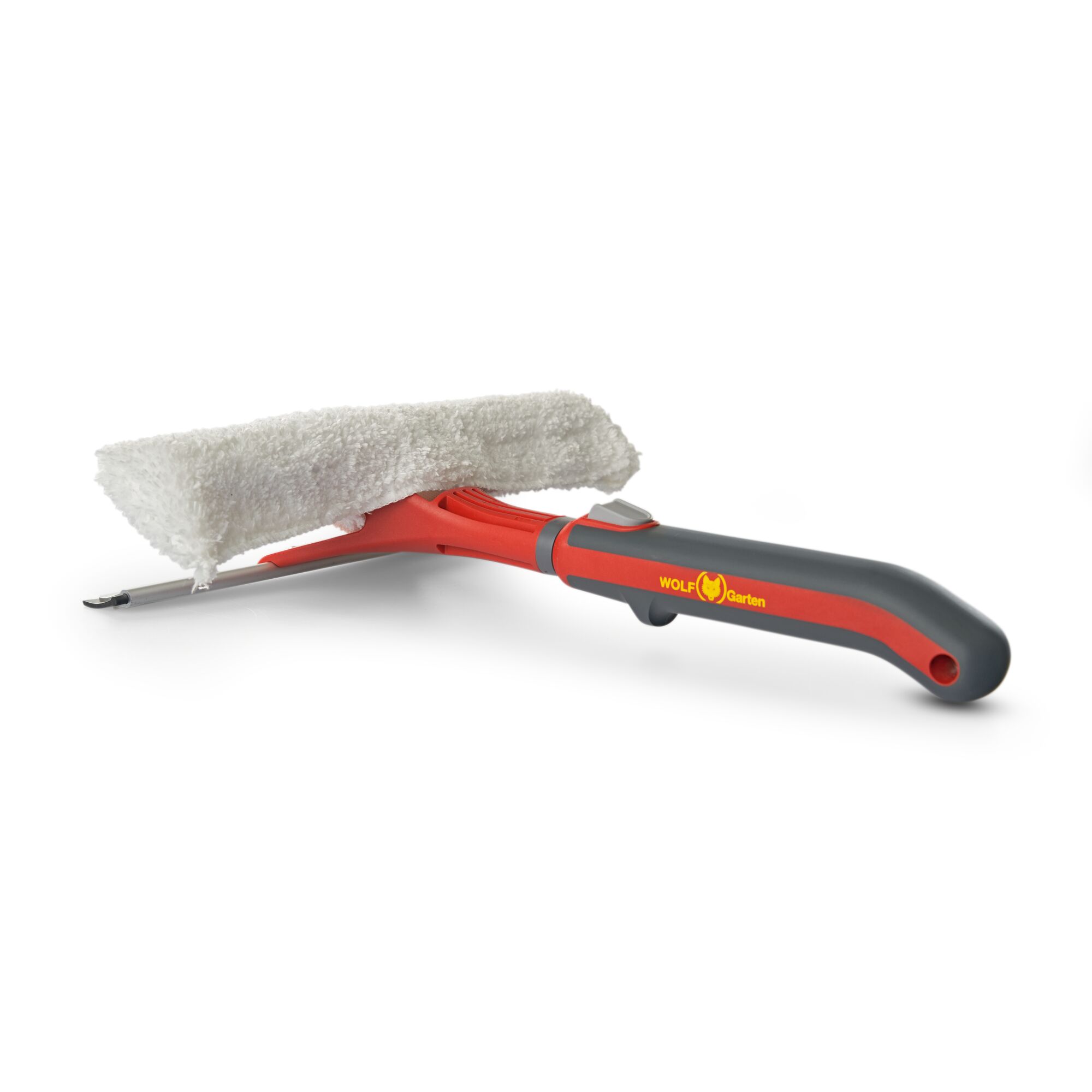 A WOLFGarten window cleaning tool with a red and grey handle and a white microfiber cleaning pad.