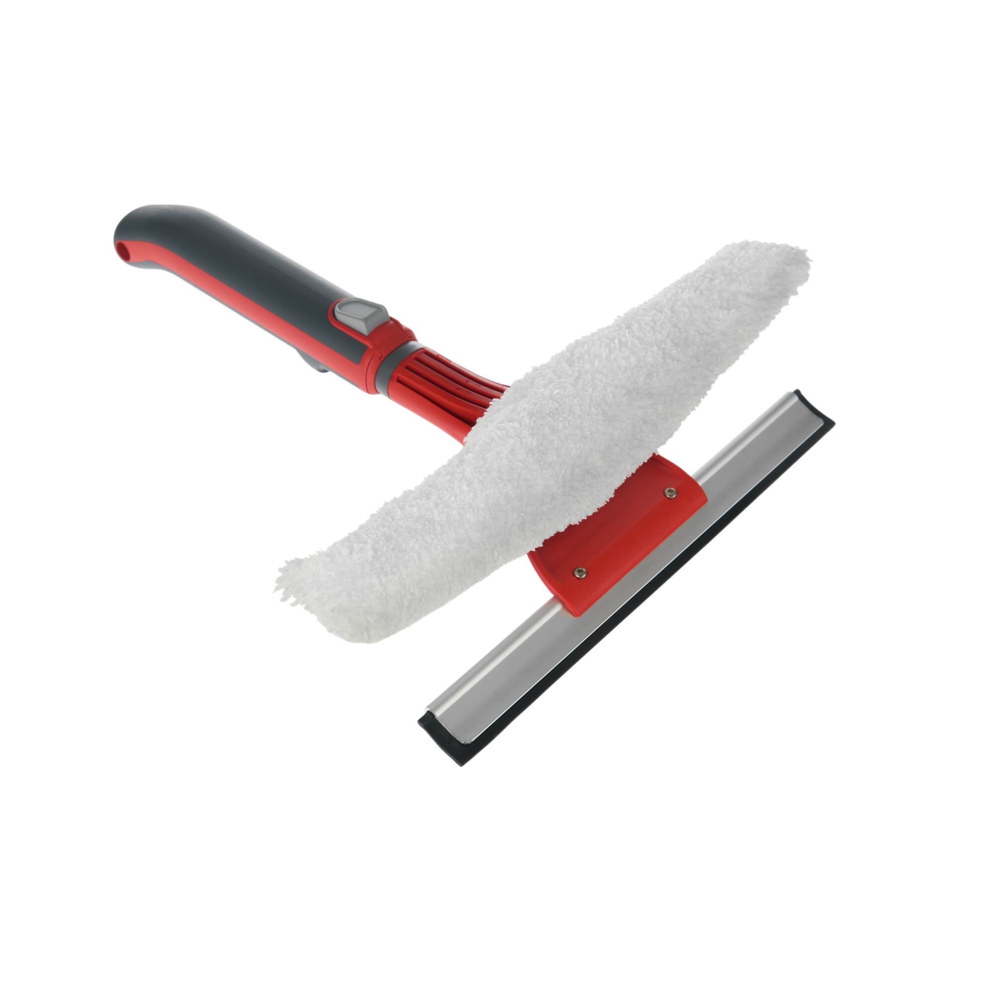 A window cleaning tool with a red and black handle, featuring a white microfiber washing pad and a rubber squeegee blade.