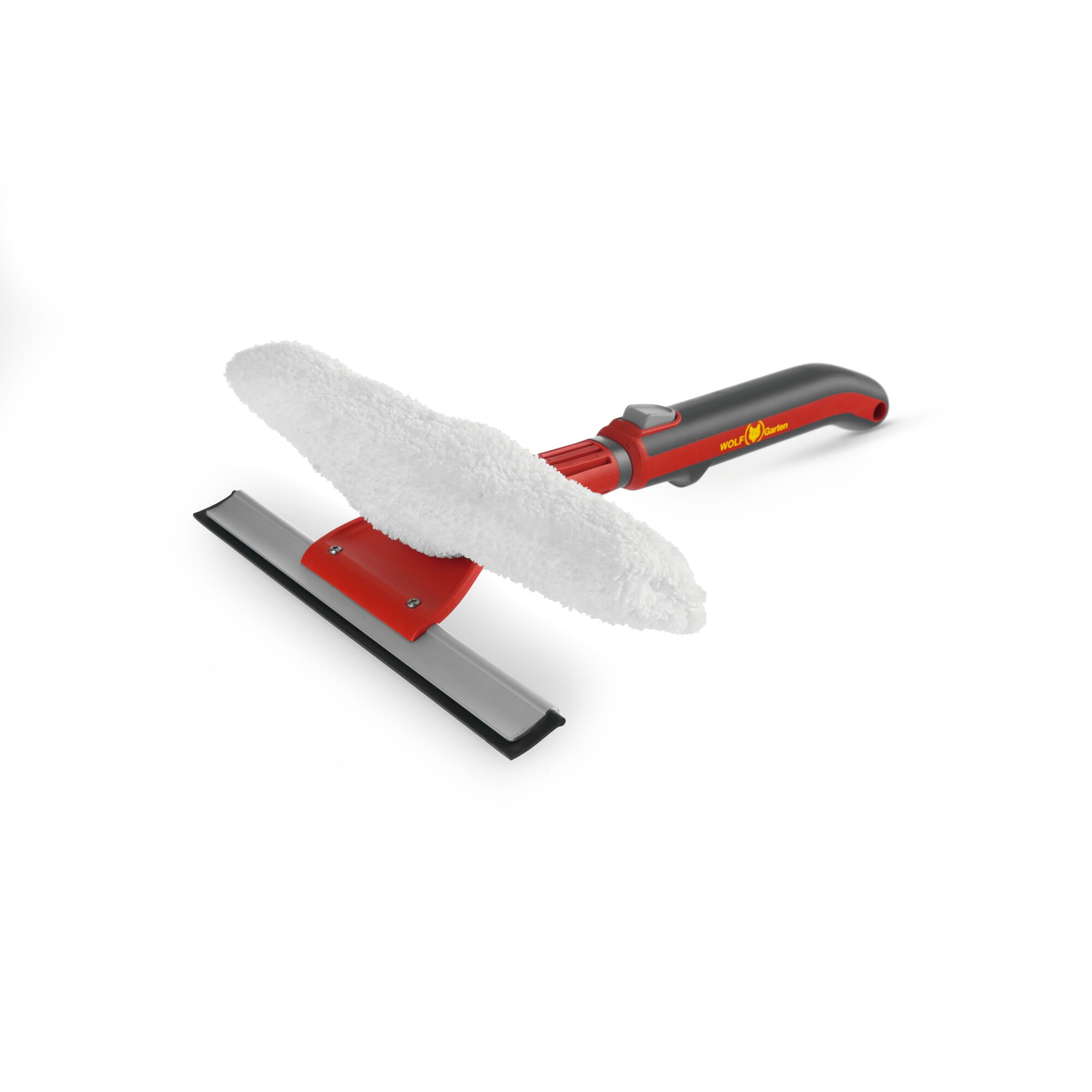 A red and grey WOLFGarten window cleaner with a handle, featuring a white microfiber pad and a rubber squeegee blade.
