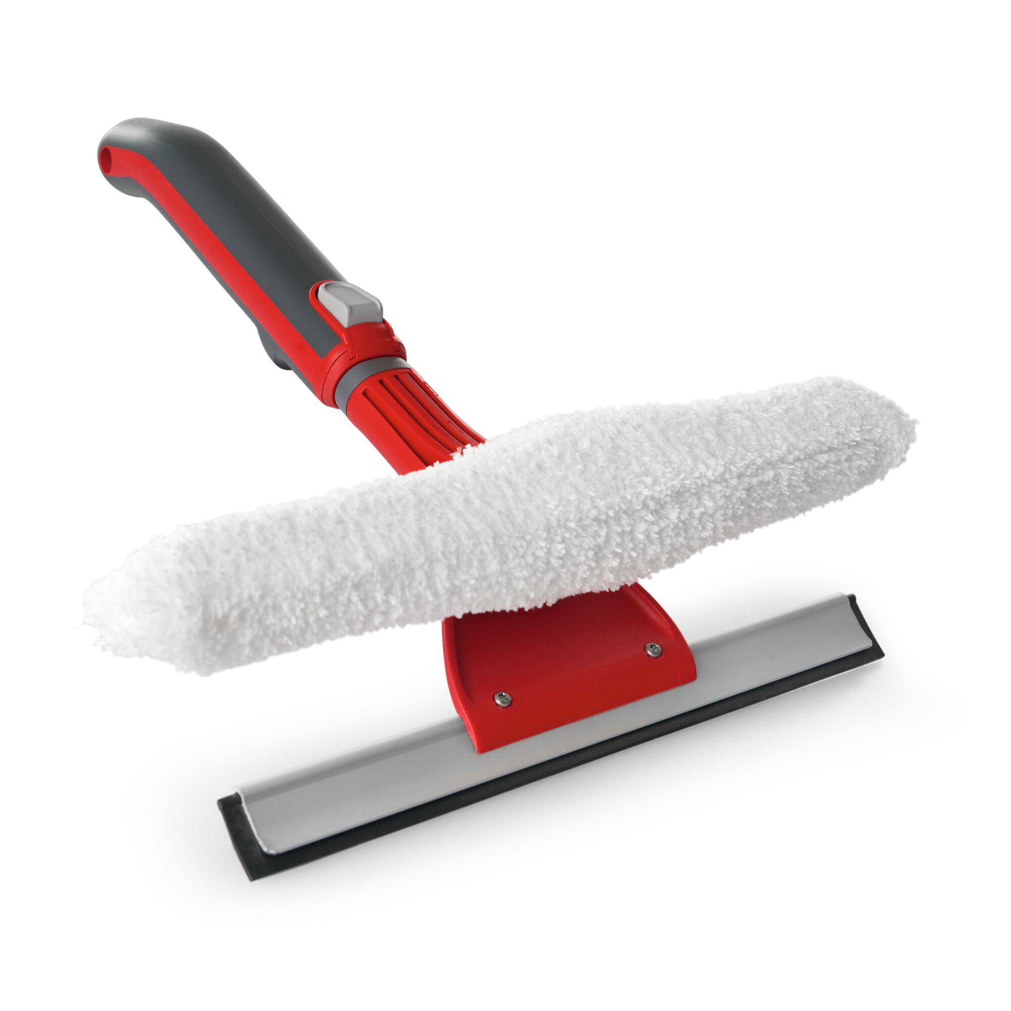 A red and grey window cleaning tool with a soft white microfiber pad and a rubber squeegee blade.