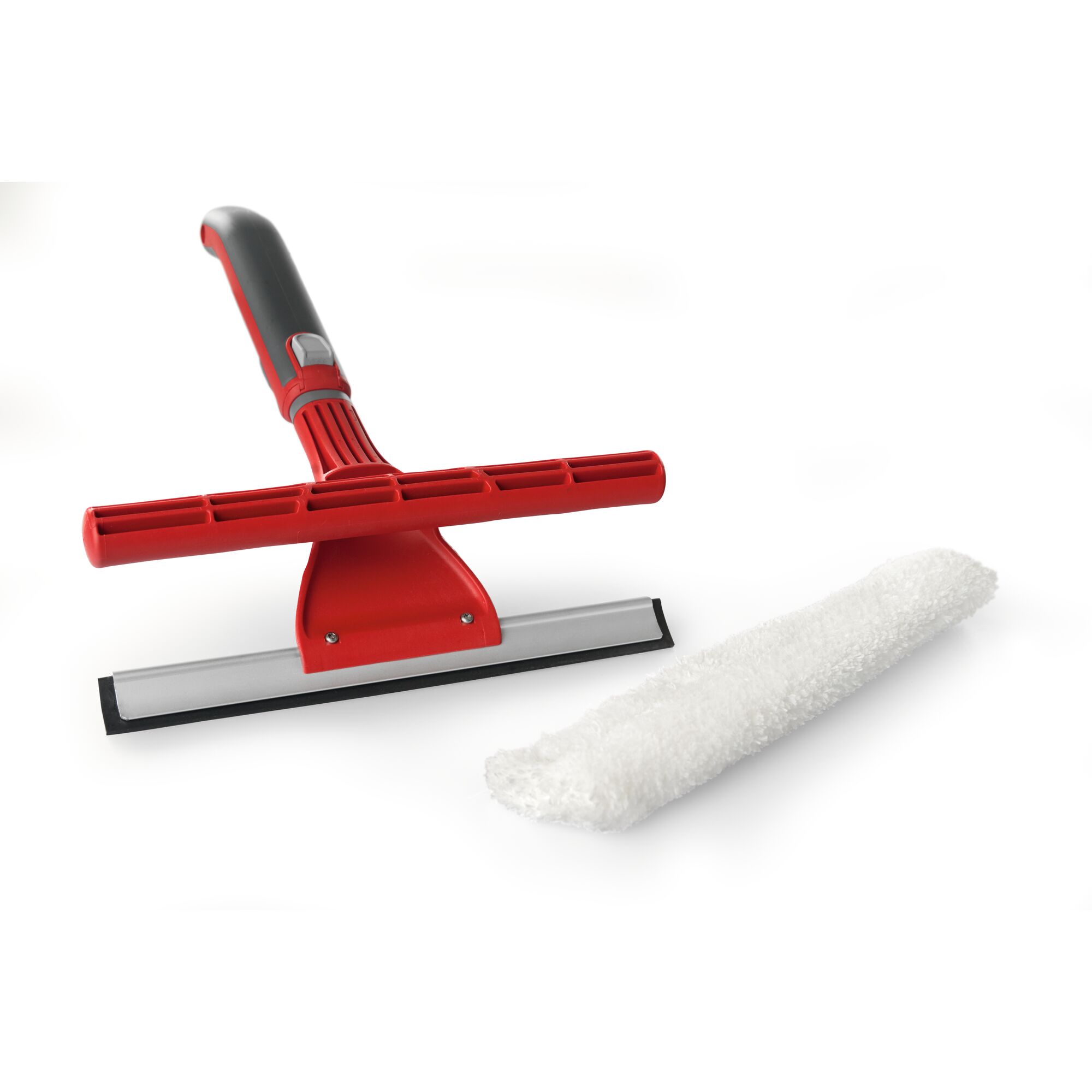 A red and black window squeegee with a removable white microfiber cleaning pad, placed on a white background.