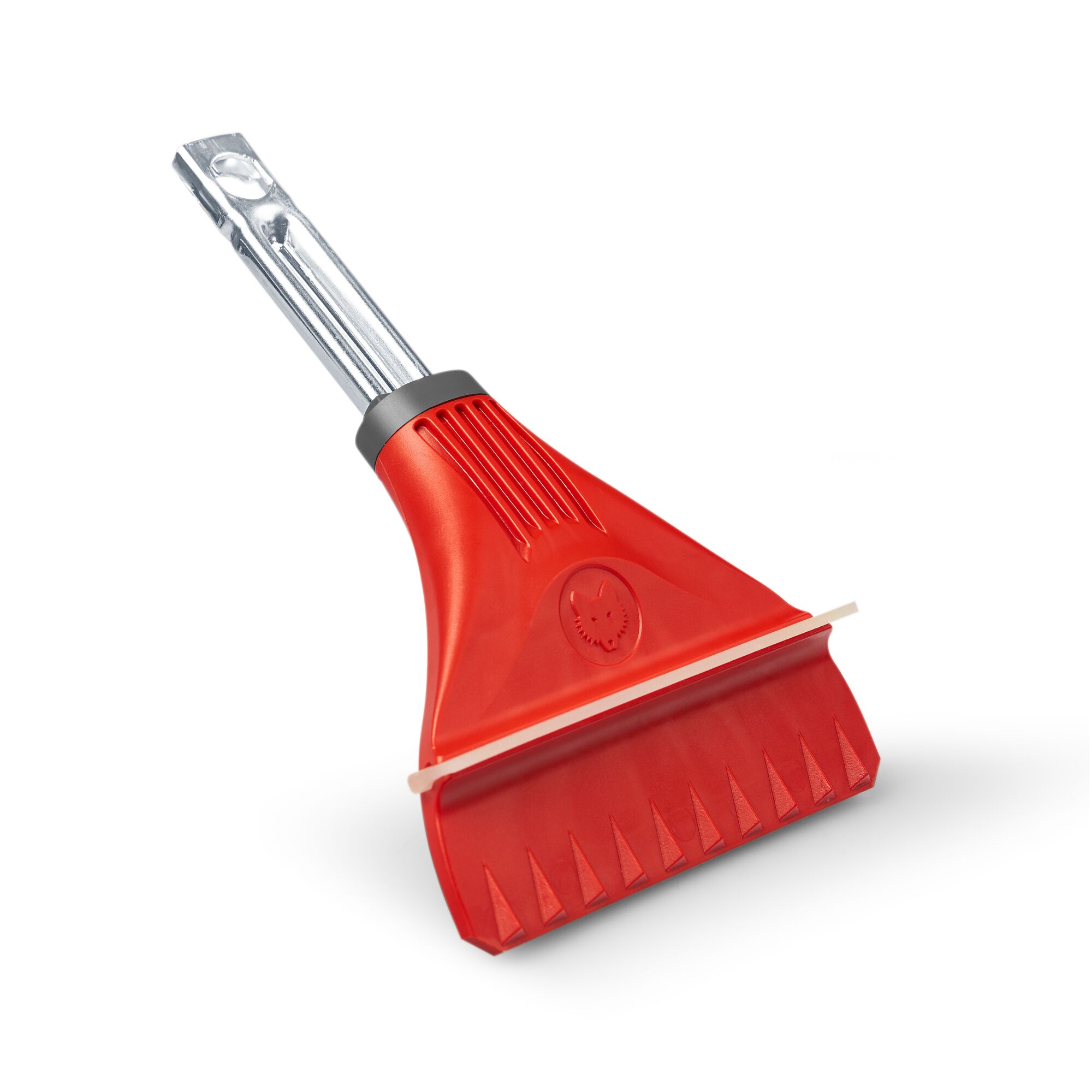 A red and silver ice scraper with a plastic blade and metal handle attachment, designed for removing ice from surfaces, shown against a white background.