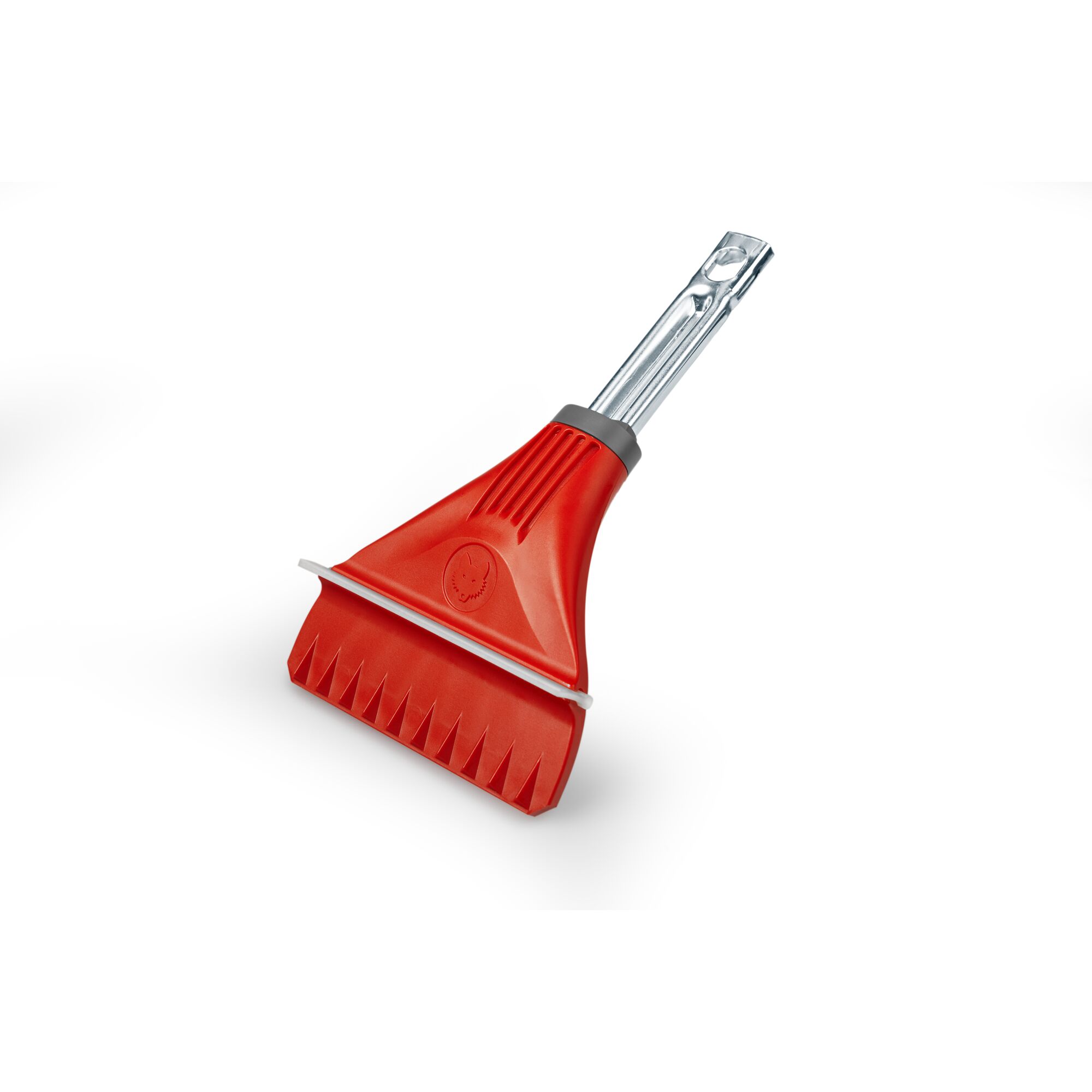 A red and silver ice scraper with a serrated edge and flat blade, designed for clearing ice from surfaces, photographed against a white background.