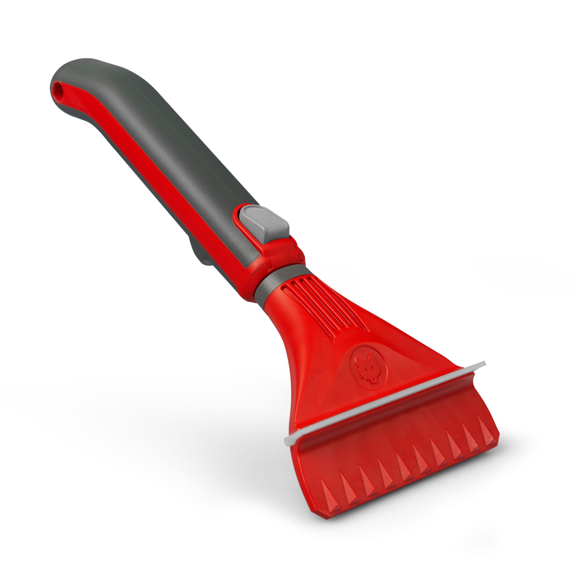A red and gray ice scraper with a comfortable handle and serrated edge, designed for removing frost and ice from car windows.
