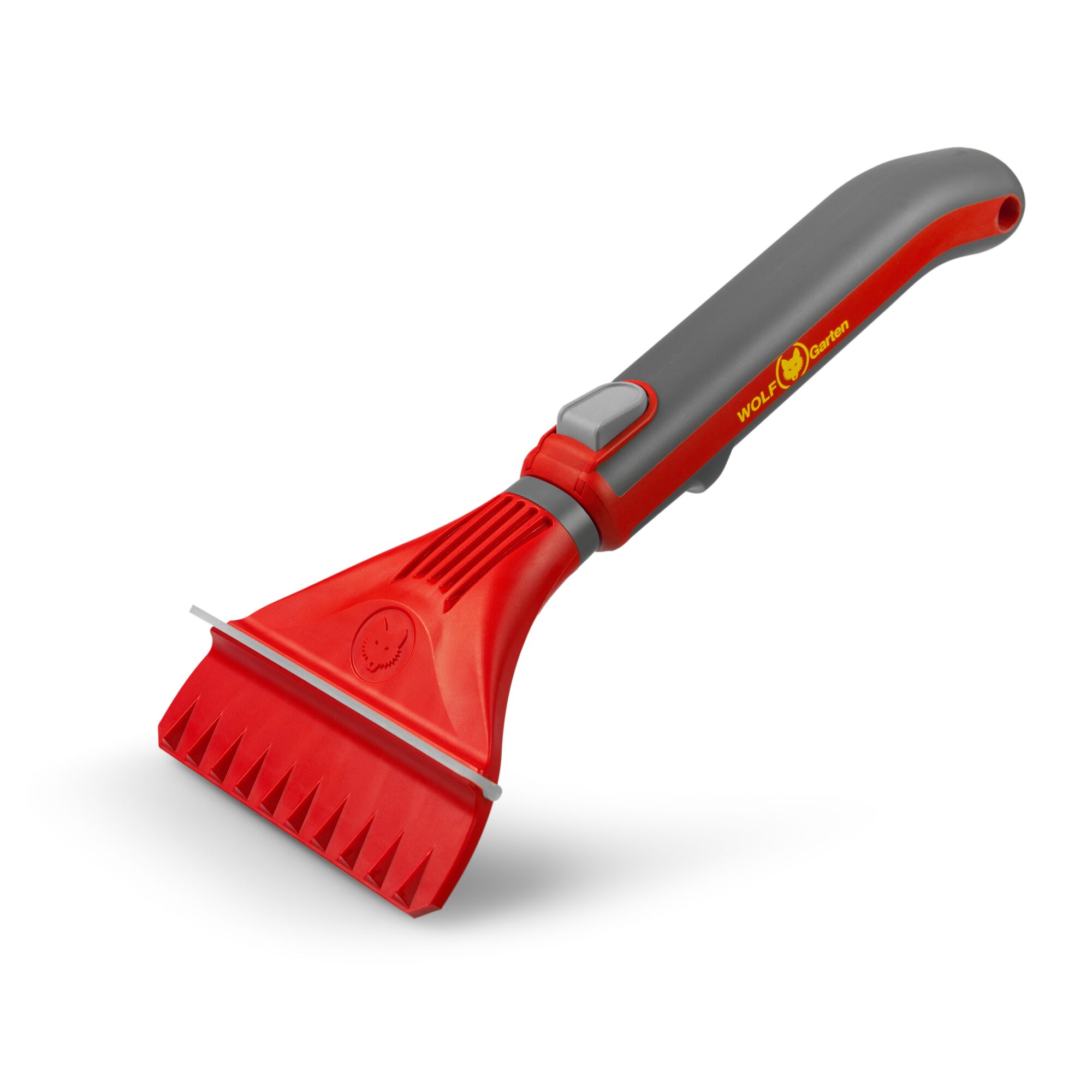 A red and grey ice scraper with a sturdy handle and jagged blade, branded with the WOLFGarten logo.