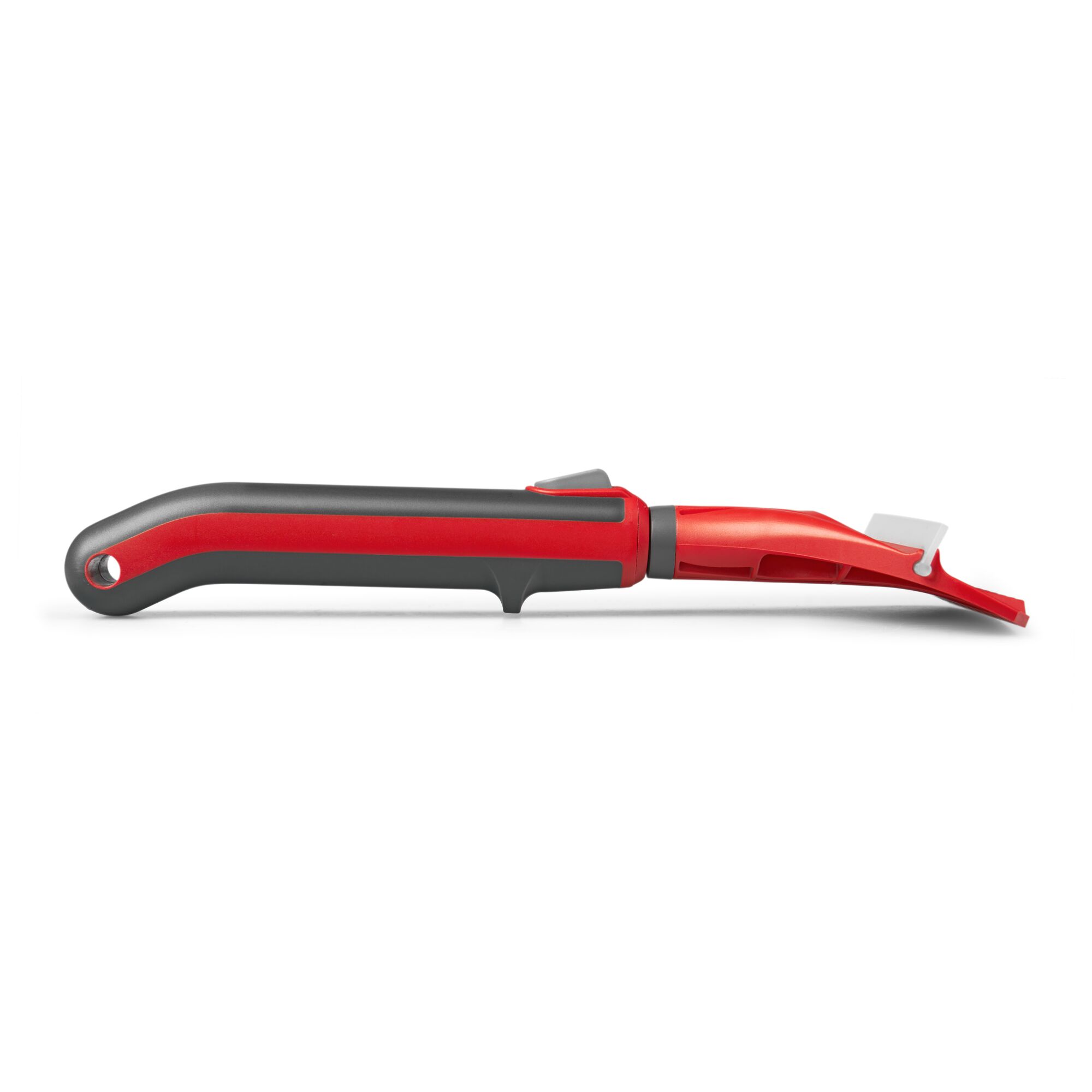 A red and black handheld garden tool with a curved handle and a metal blade, shown against a white background.