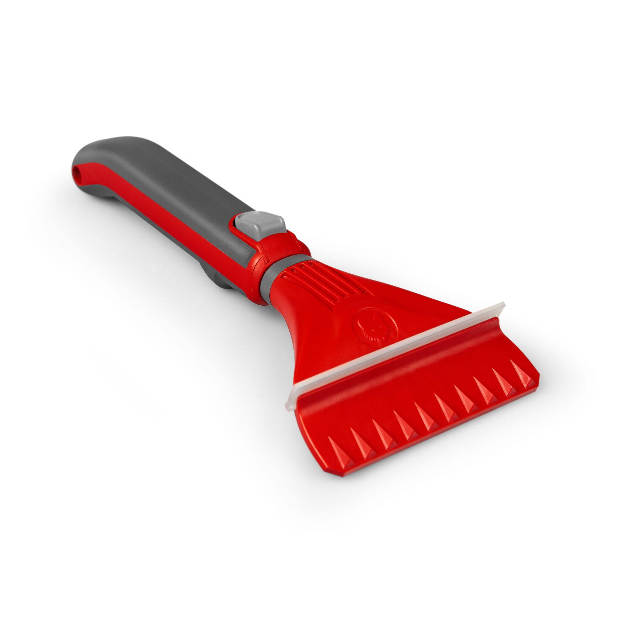A red and grey plastic ice scraper with a textured grip handle and a serrated blade, designed for removing ice from car windows.