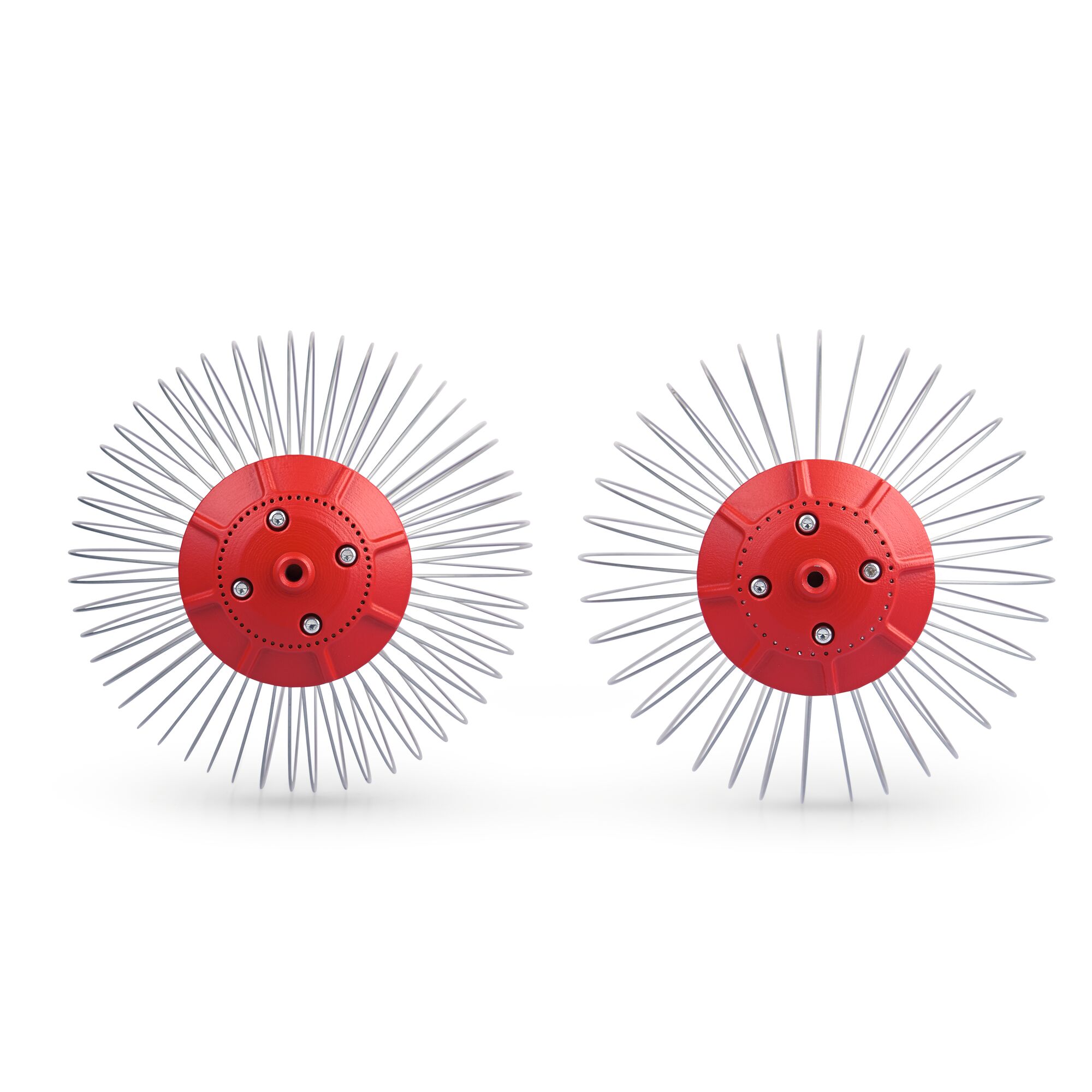 Two red circular gardening tool attachments with multiple long metal spikes radiating outwards, displayed on a white background.