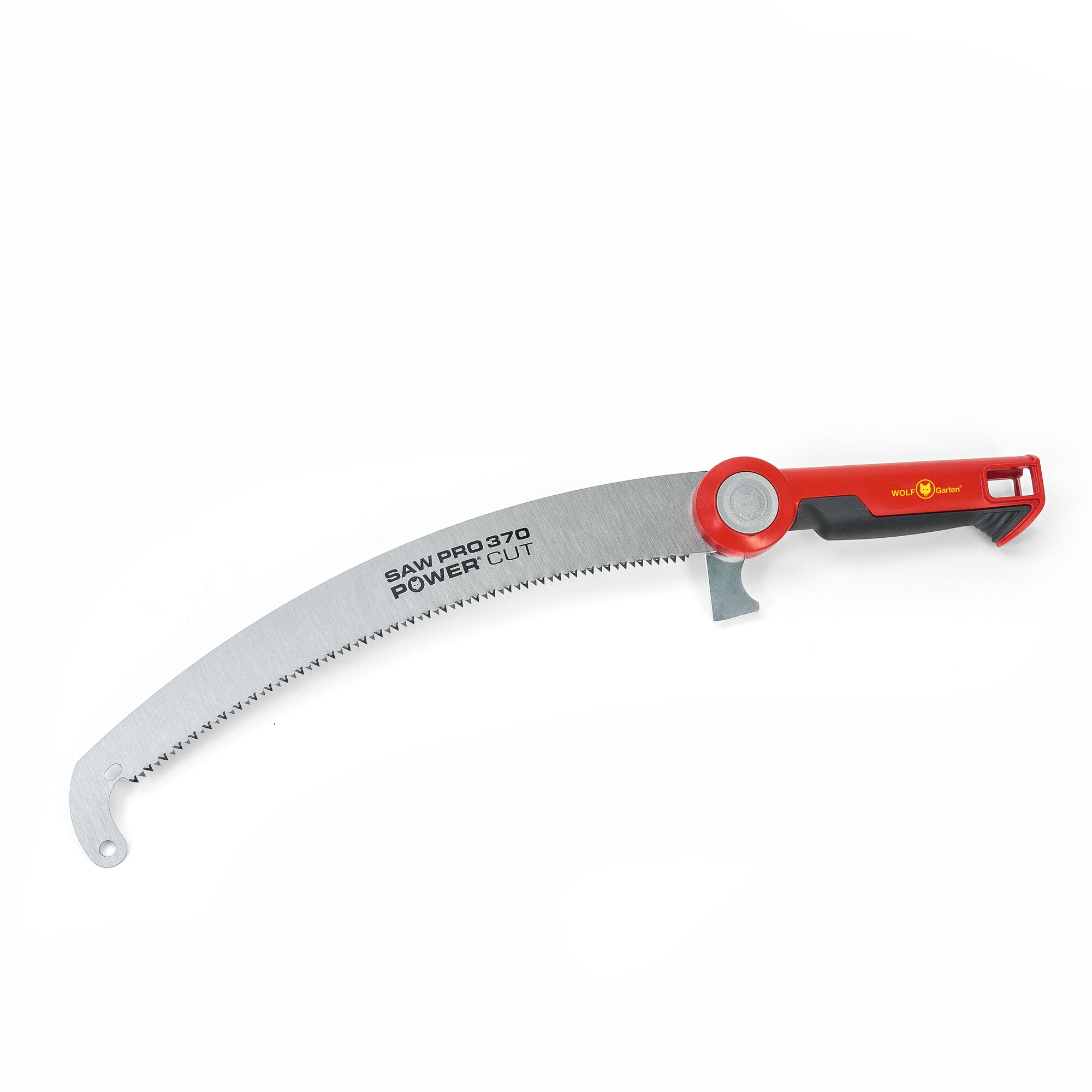 A curved pruning saw with a black and red handle, featuring the WOLFGarten logo and the words 'SAW PRO 370 POWER CUT' printed on the metal blade. The saw is designed for cutting branches.