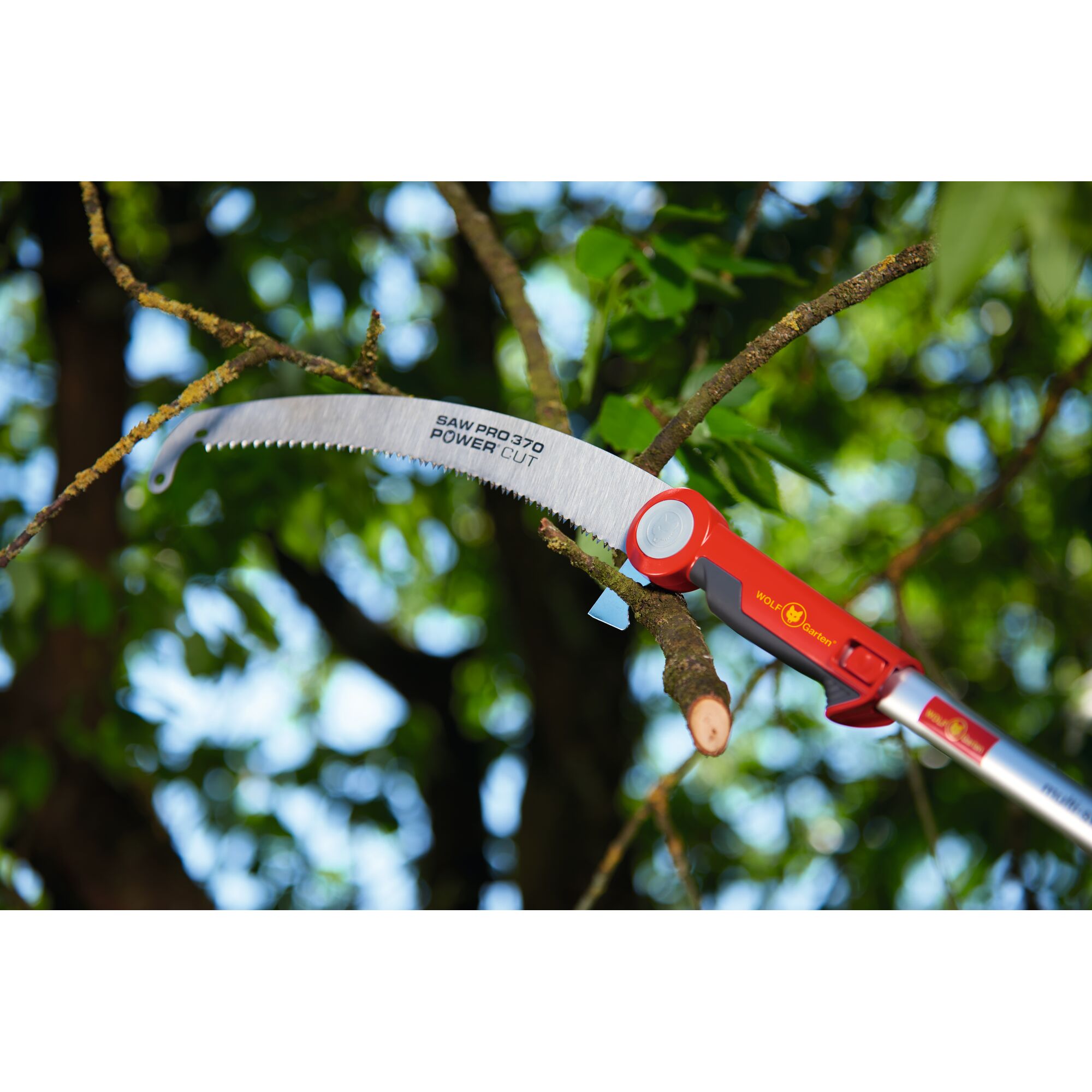 A WOLF Garten Power Cut Saw Pro 370 pruning saw attached to a telescopic pole, cutting a tree branch outdoors with green foliage in the background.