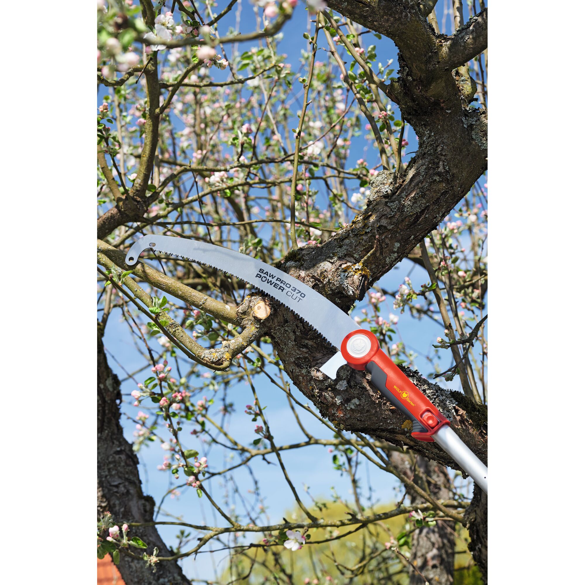 A curved pruning saw with a red and gray handle, branded WOLF-Garten, is shown cutting a tree branch. The saw has 'POWER CUT SAW PRO 370' written on the blade. The tree is blossoming with small pink and white flowers against a clear blue sky.