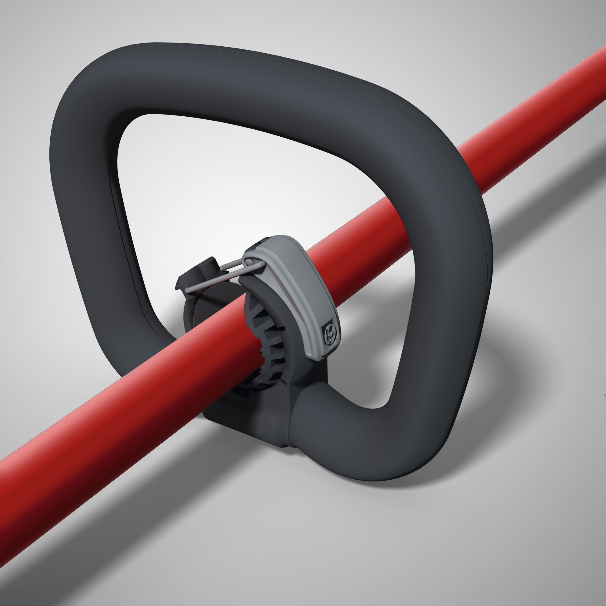 Close-up image of a WOLFGarten adjustable handle attachment for a garden tool, featuring a black ergonomic loop handle and clamp mounted on a red shaft.