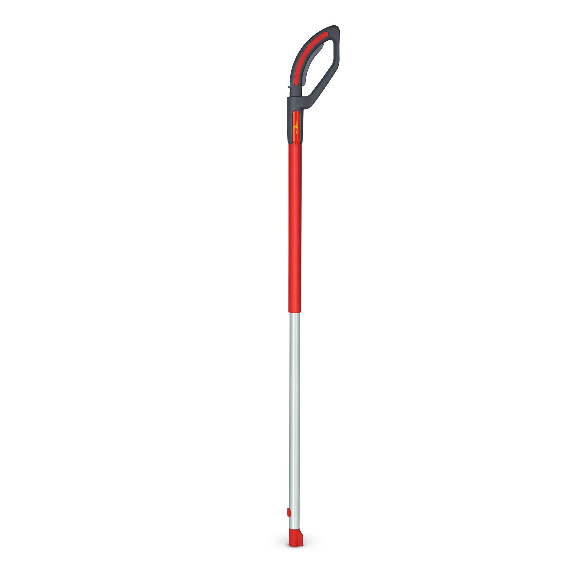A garden tool handle with a red and silver shaft and a black ergonomic grip, shown upright against a white background.