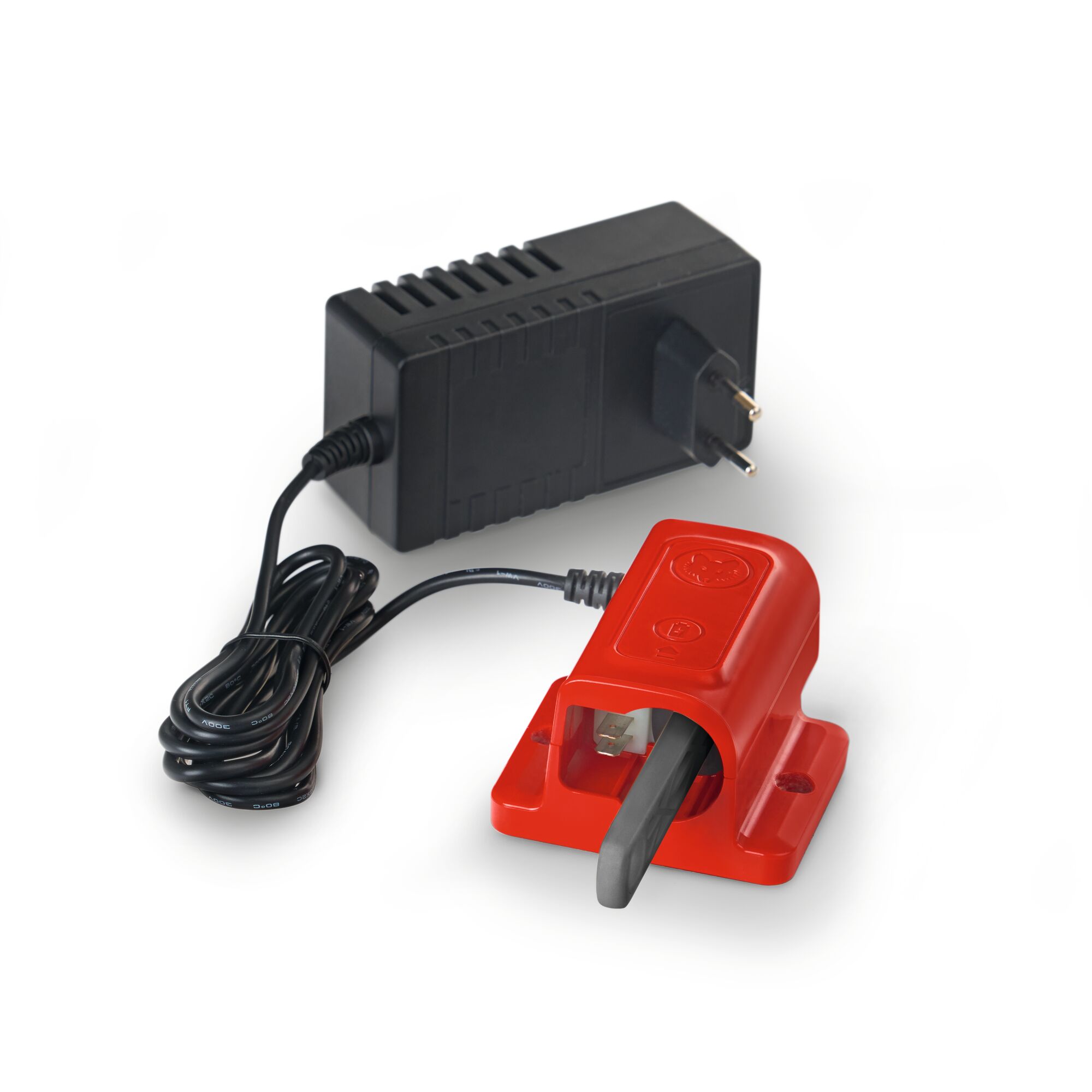 A red electric sharpening device with a black power adapter and cord, designed for sharpening tools.