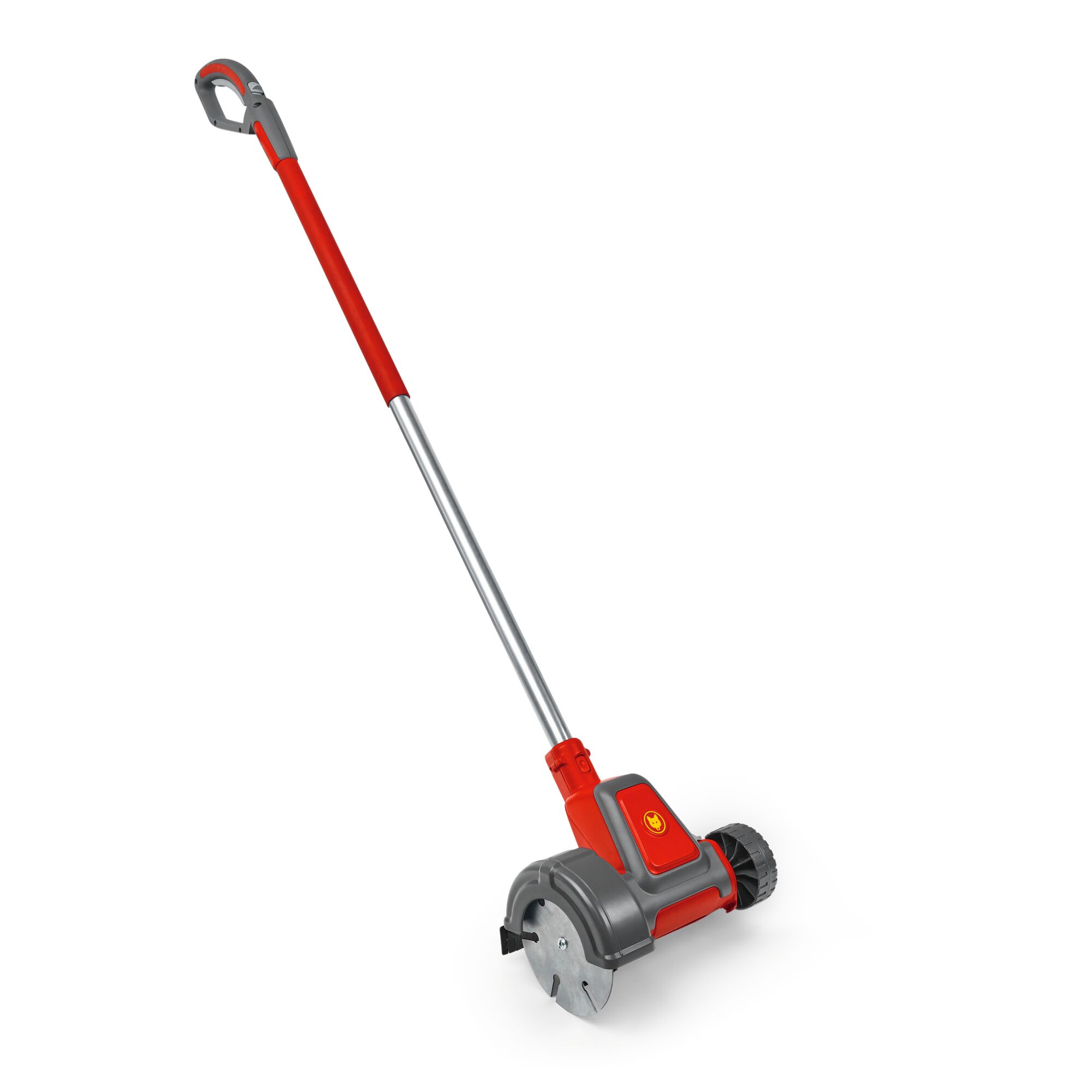 A red and gray electric garden tool with a long handle and a rotating metal blade, designed for edging lawns.