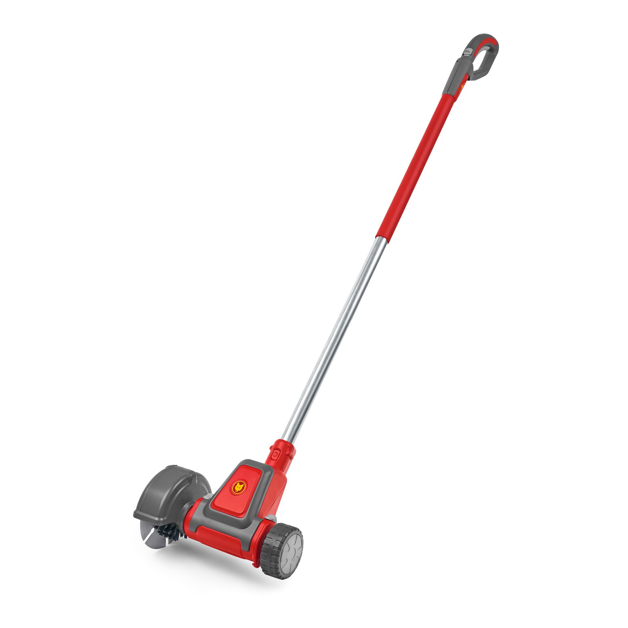 A red and grey garden tool with a long handle and wheels, used for trimming or edging lawns.