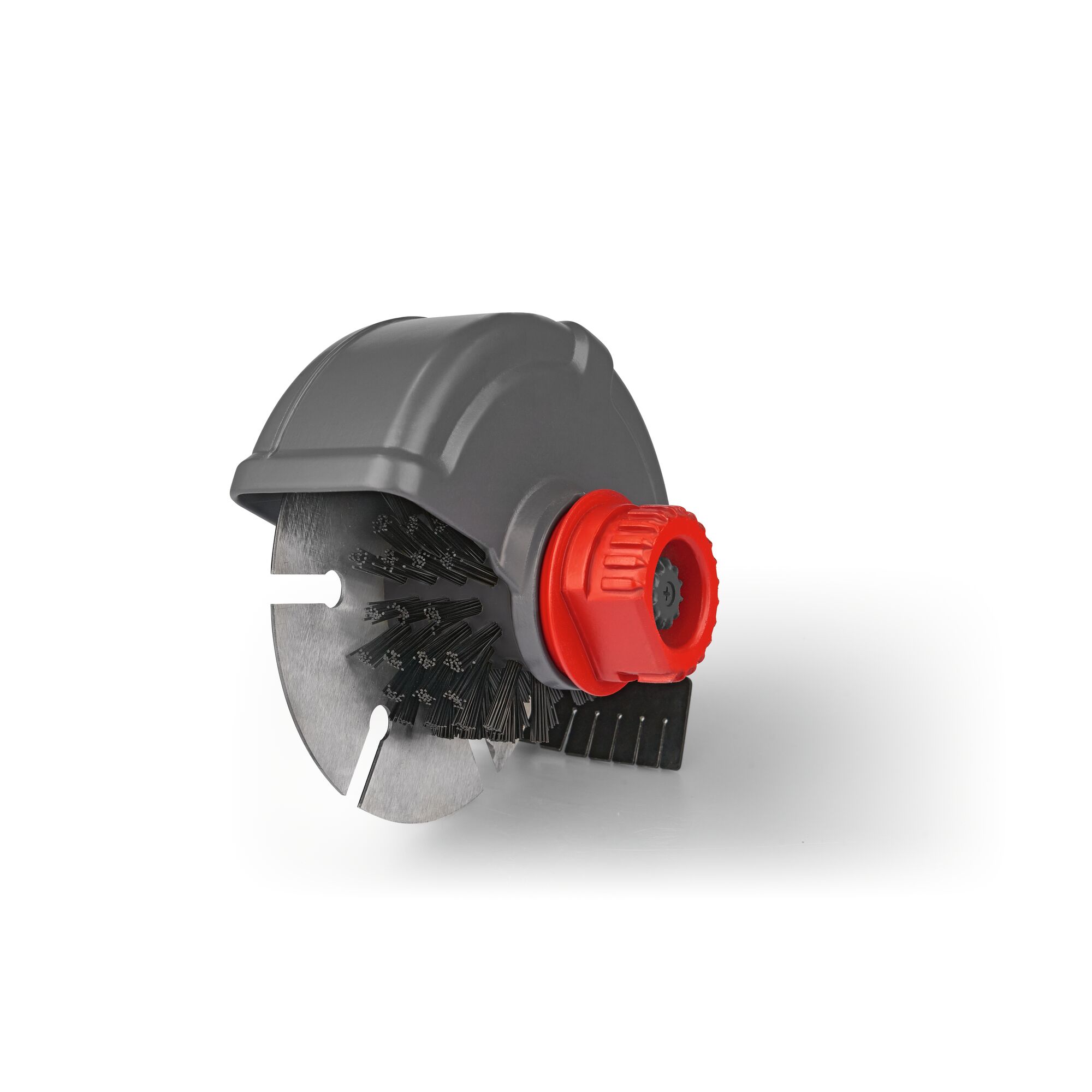 A close-up of a mechanical garden tool component featuring a circular metal blade, black wire brush, protective grey cover, and a red adjustment knob. The item is placed against a plain white background.