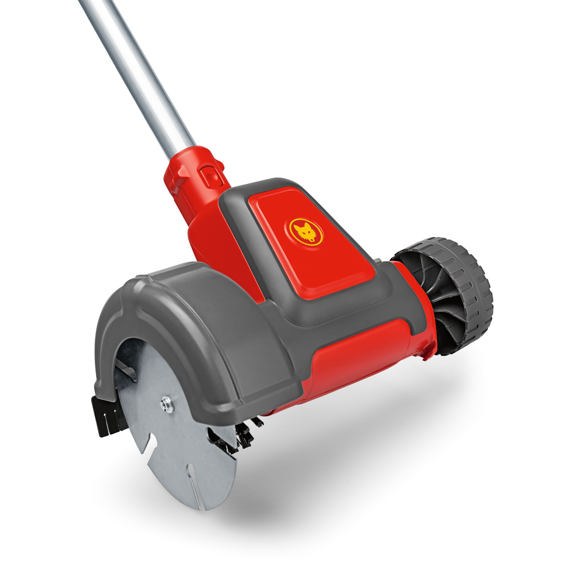 A close-up of a WOLFGarten garden tool with a red and gray housing, metal blade, black wheel, and a silver handle. The tool is designed for lawn edge trimming.