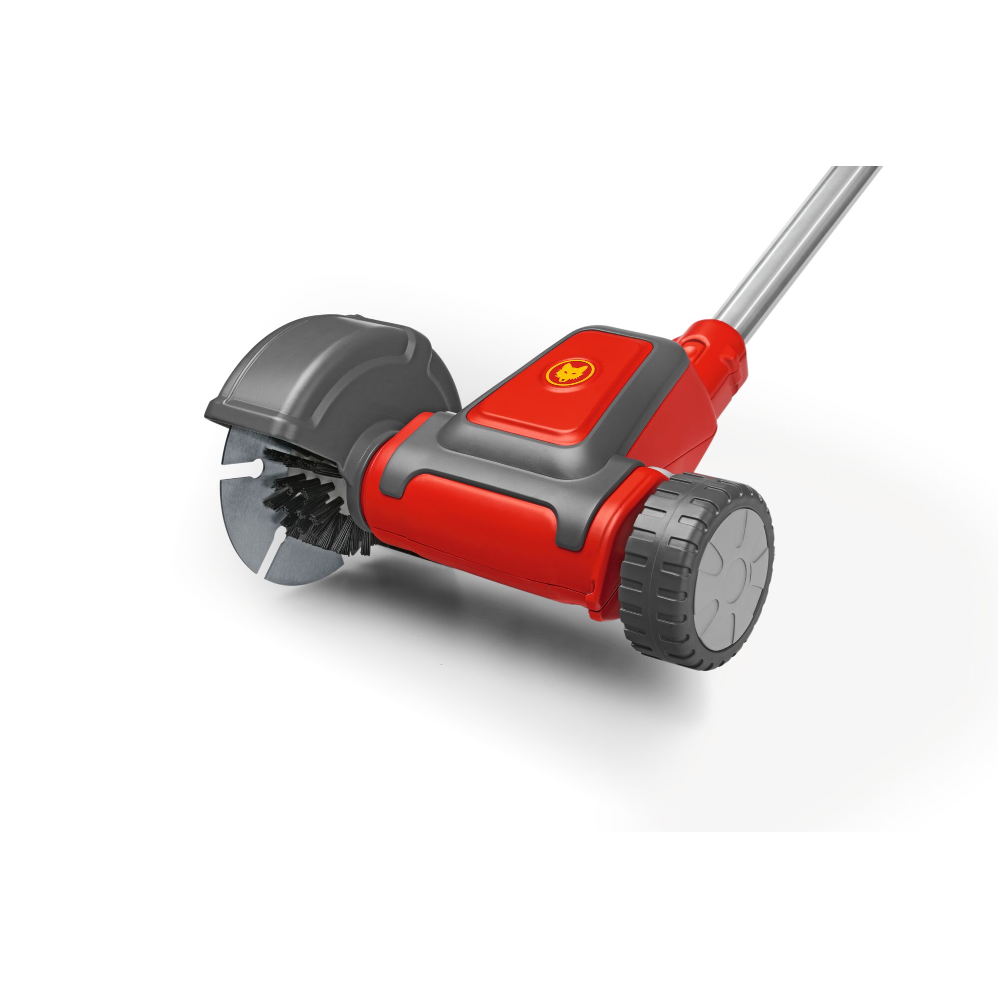 A red and grey WOLFGarten garden tool with a circular brush and wheels, designed for outdoor cleaning or maintenance tasks.
