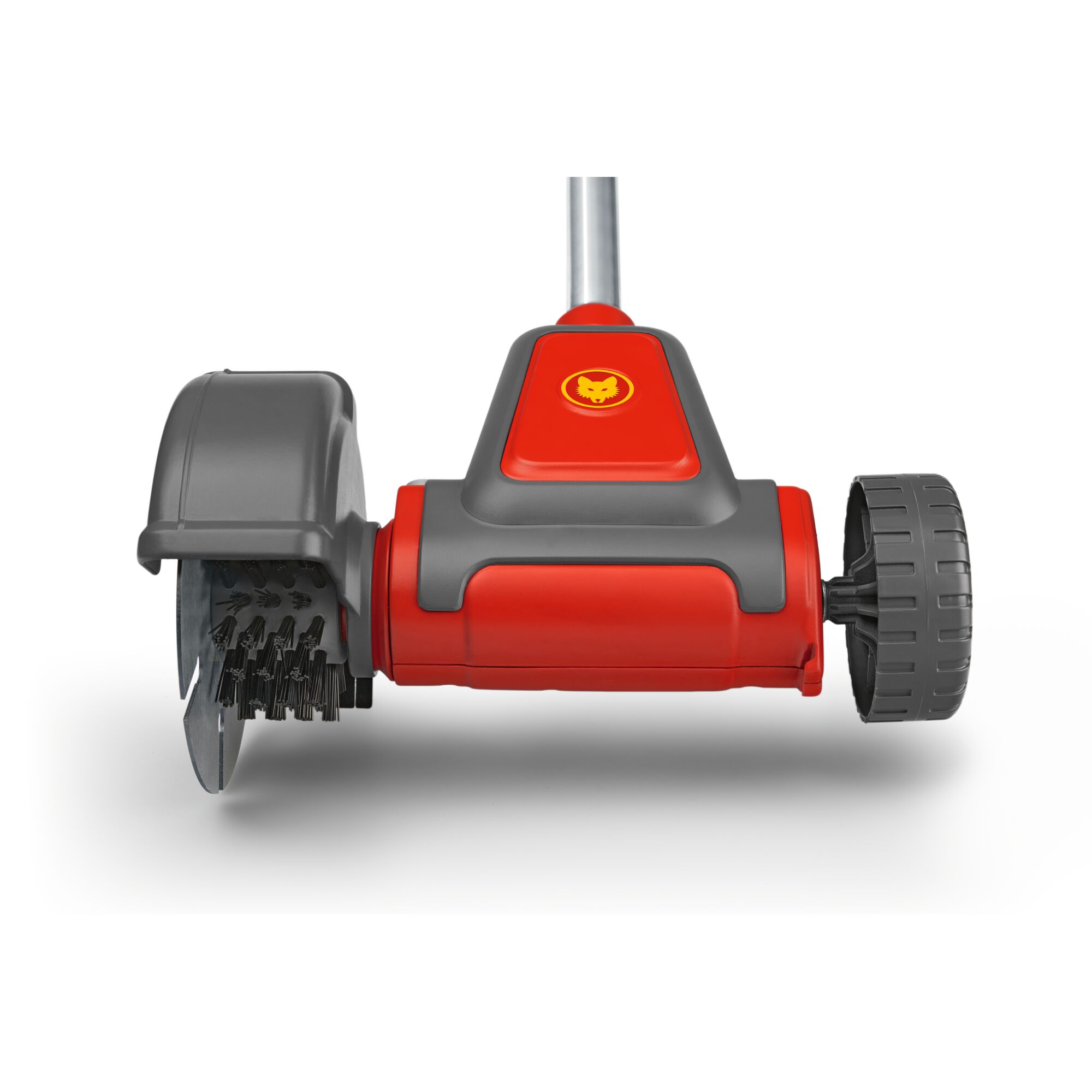 A close-up view of a WOLFGarten garden tool, featuring a red and grey body with a handle, wheel, and a covered rotating brush attachment.