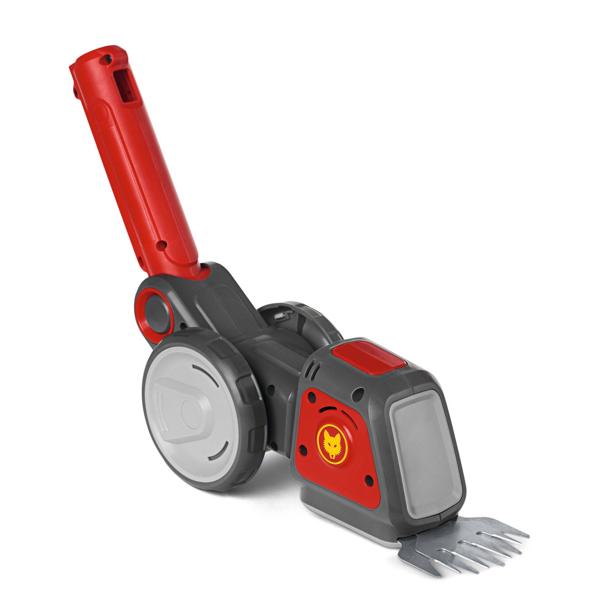 A WOLF-Garten handheld electric grass shear with wheels and a red and grey design, suitable for trimming lawns and edges.