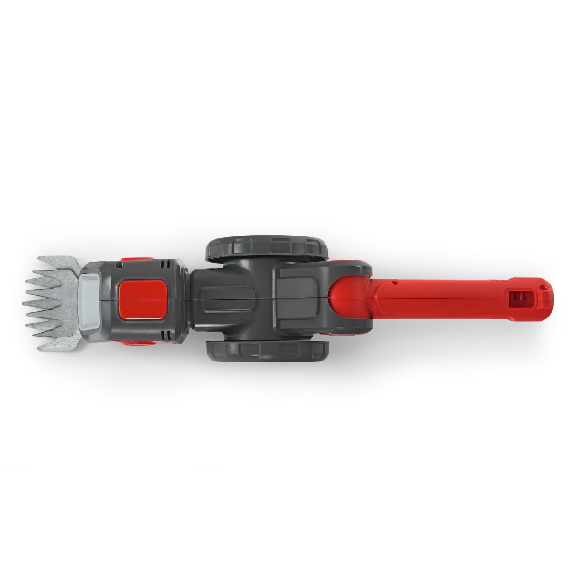 Top view of a WOLFGarten handheld garden tool, featuring a red and black handle, two black wheels, and metal blades at the front.