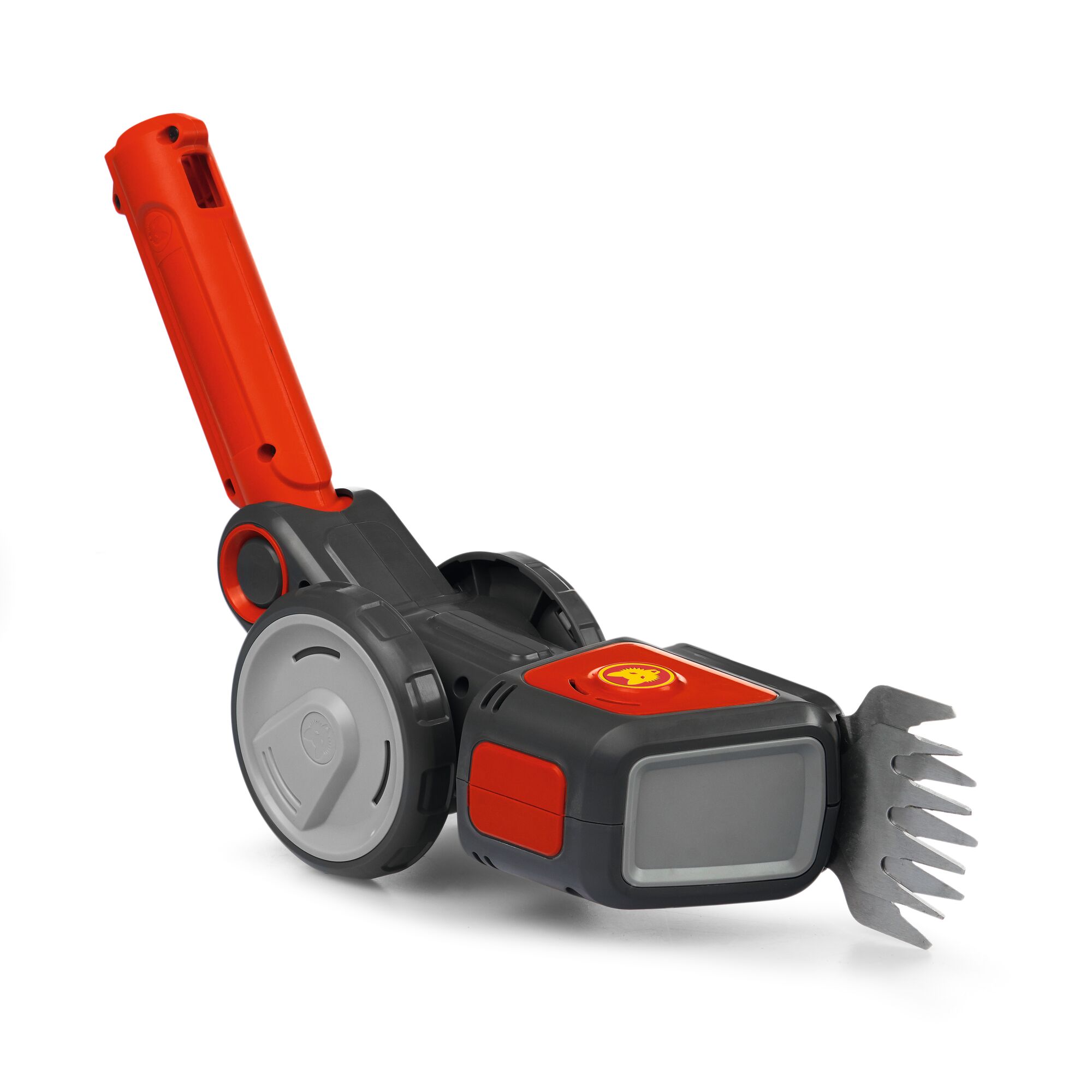 A WOLF-Garten battery-powered grass and shrub shear, featuring a red and black casing, silver wheels, and a serrated cutting blade. The tool is designed for trimming lawn edges and small hedges.