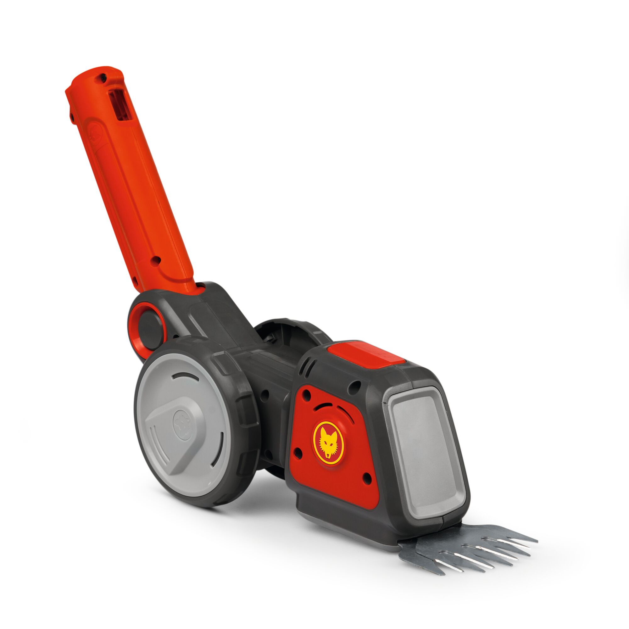 A close-up image of a WOLFGarten electric grass and shrub shear with a red and grey body, a handle, two wheels, and metal blades. The product is photographed against a white background.