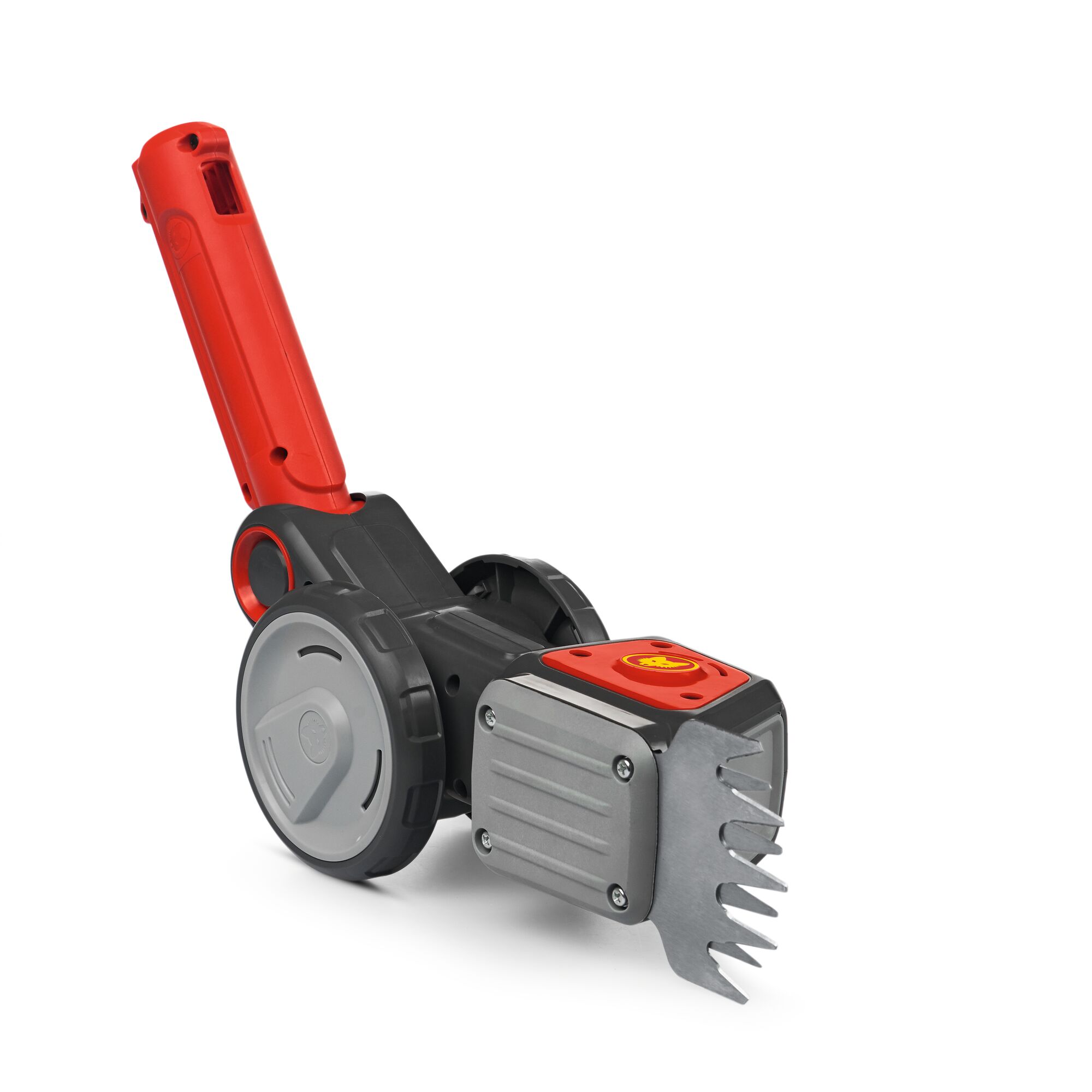 A WOLF-Garten garden tool with a red handle, silver wheels, and a serrated metal blade, designed for trimming or edging lawn and grass.