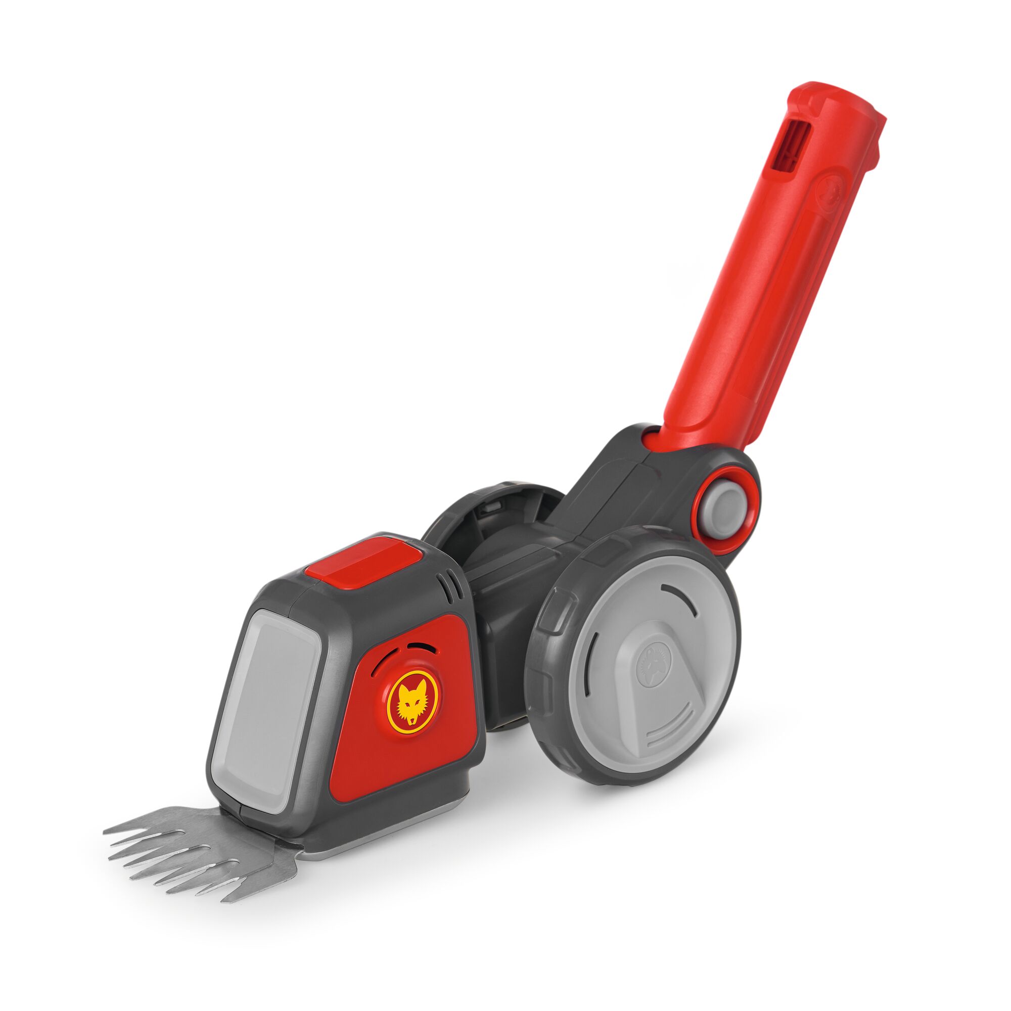A red and grey electric garden tool with two wheels and an ergonomic handle, designed for trimming grass or hedges. The Wolf-Garten logo is visible on the side.