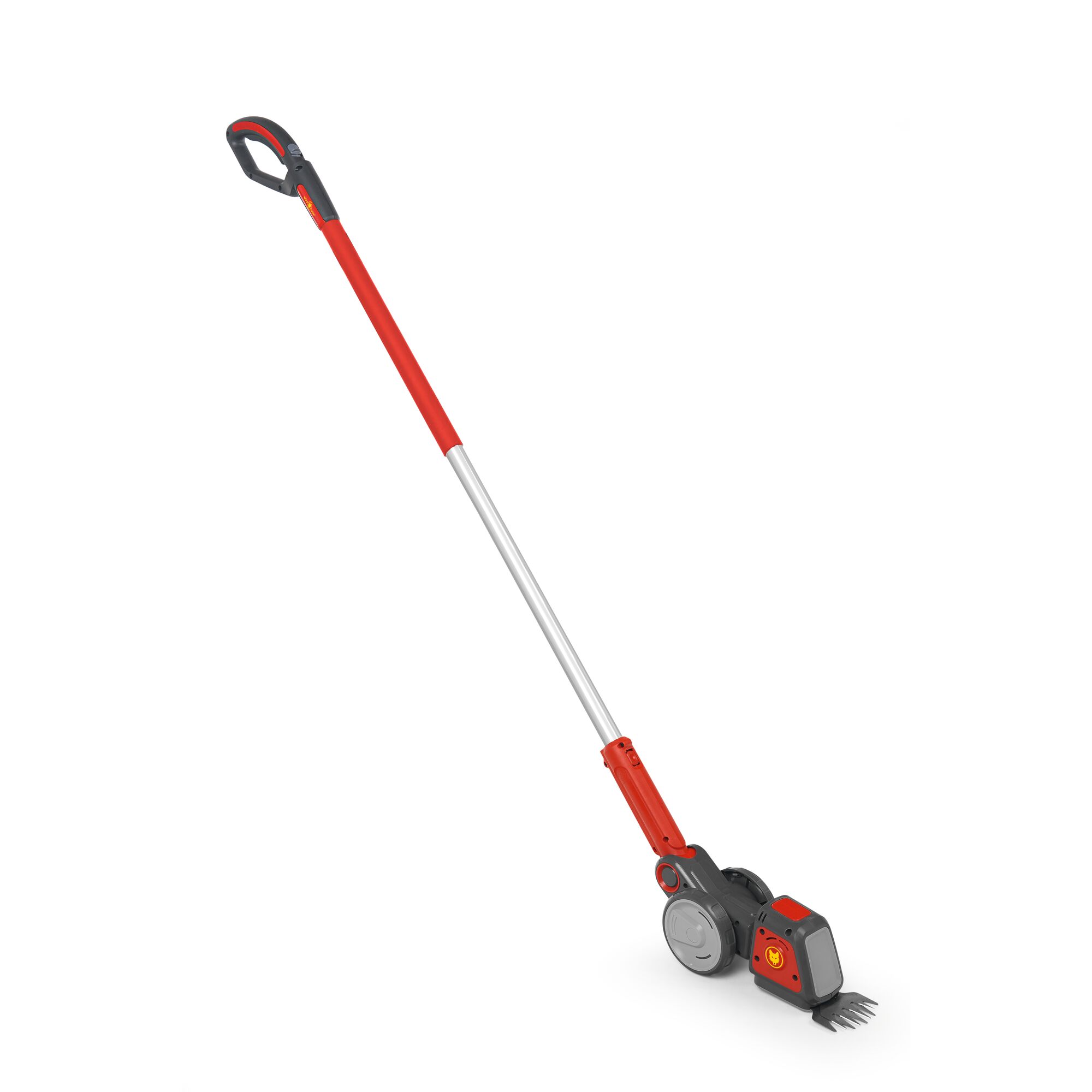 A WOLFGarten garden tool with a long handle and red and silver design, equipped with a small motorized trimming head and wheels. It is used for precise edging and trimming of grass and lawns.