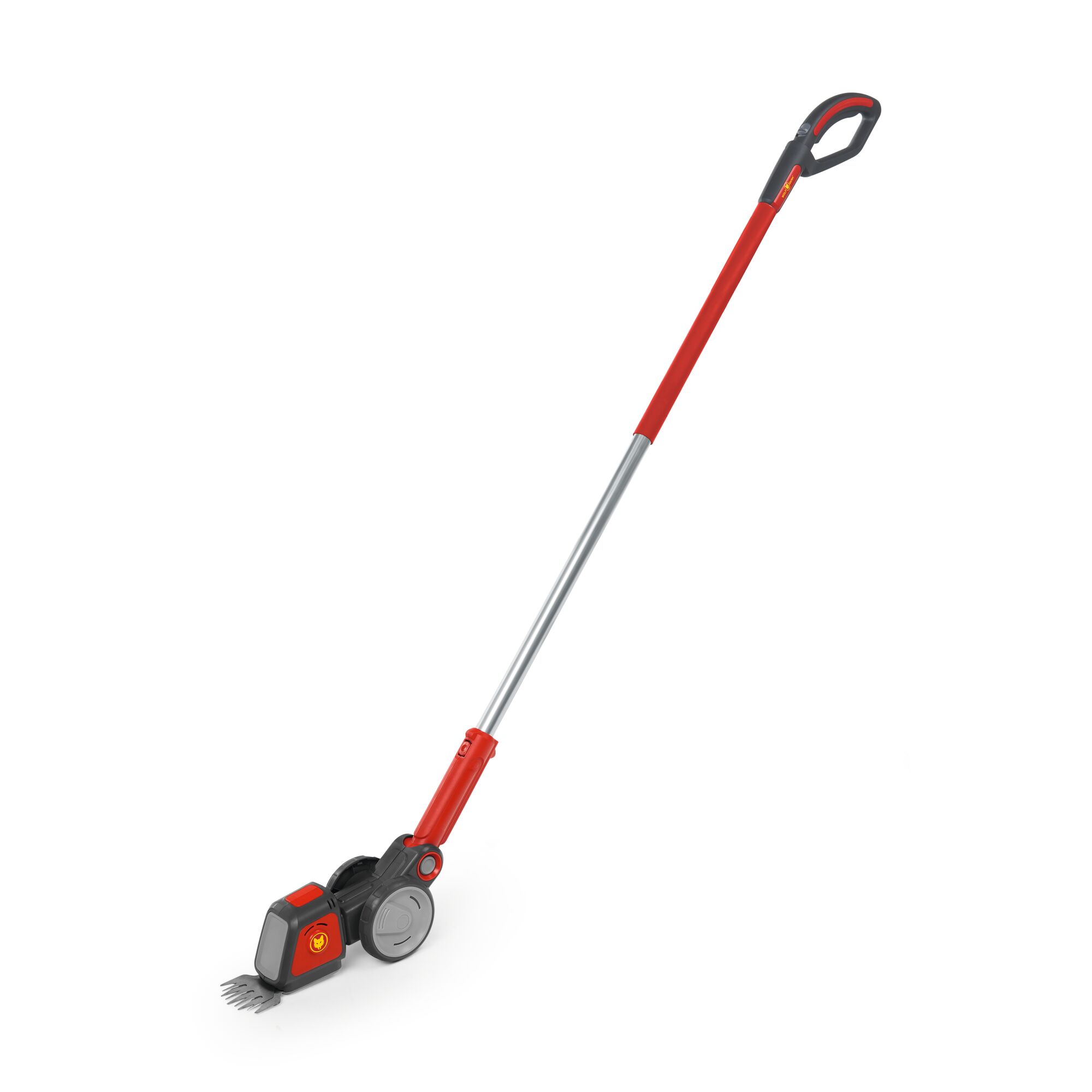 A red and gray garden tool with a long handle and wheels, designed for trimming grass and edges.