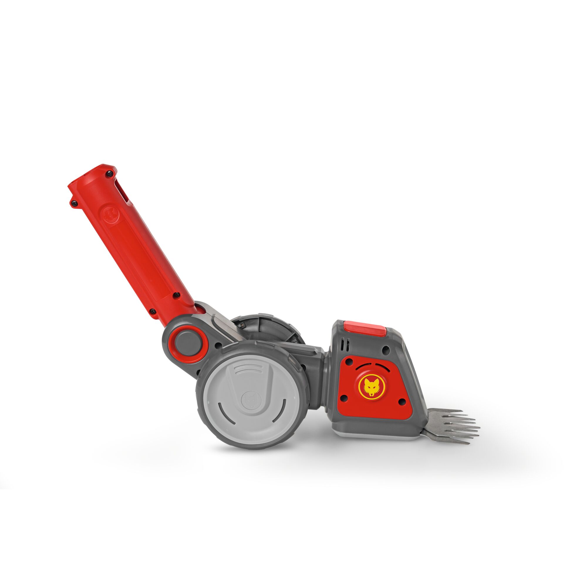A WOLF-Garten gardening tool with a red and grey handle, wheels, and metal prongs, designed for lawn or soil care.