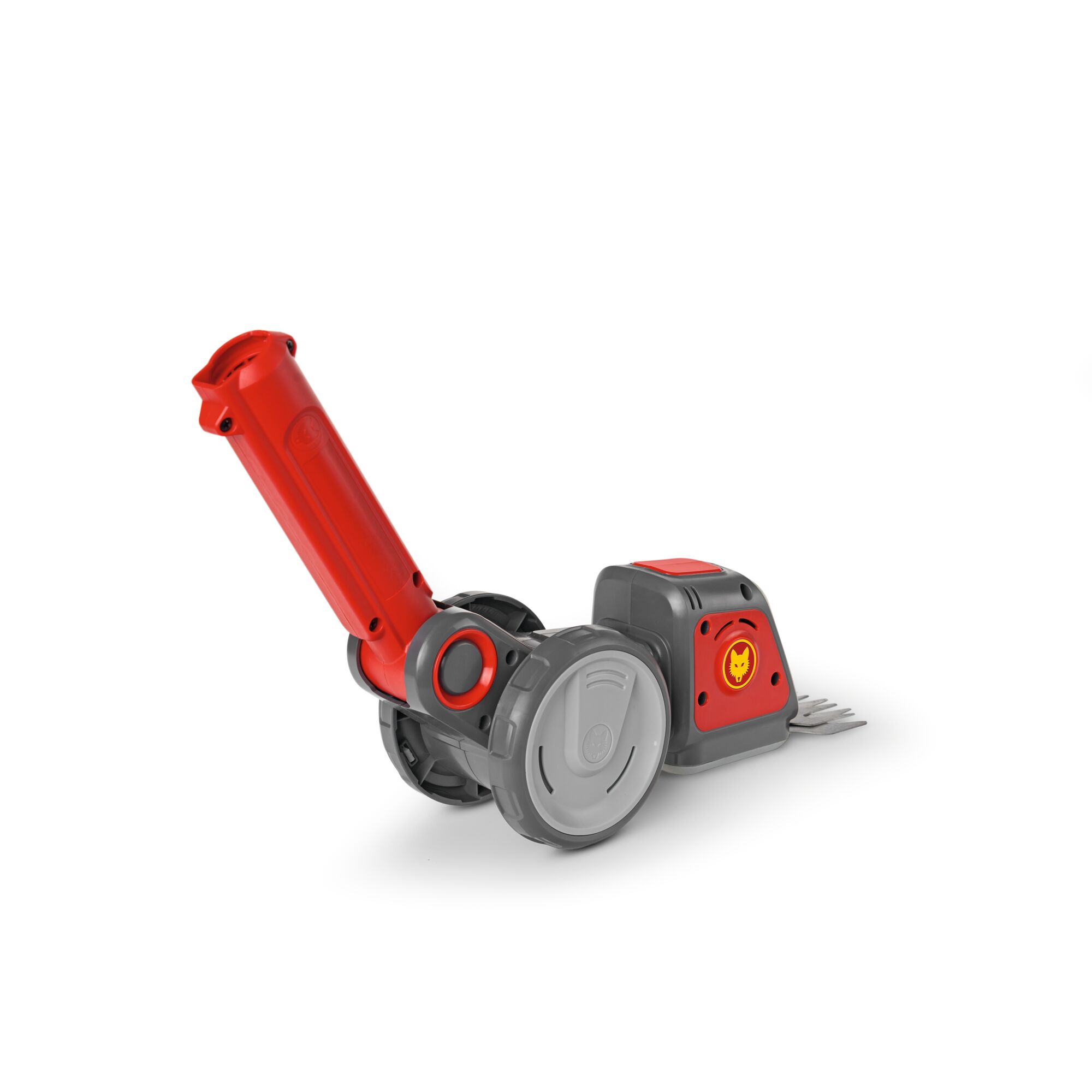 A red and gray handheld garden tool with wheels, designed for trimming grass or edging lawns. The device features a handle and a metal cutting blade at the front, with a yellow logo on the side.