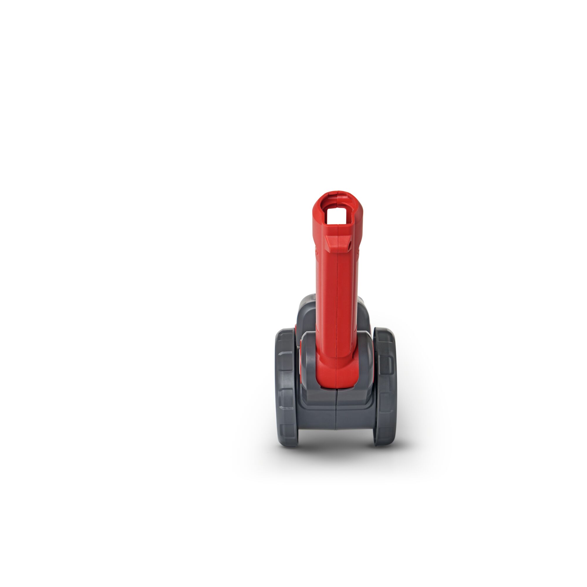 A close-up image of a red and grey garden tool accessory with two wheels and a vertical handle, positioned on a white background.