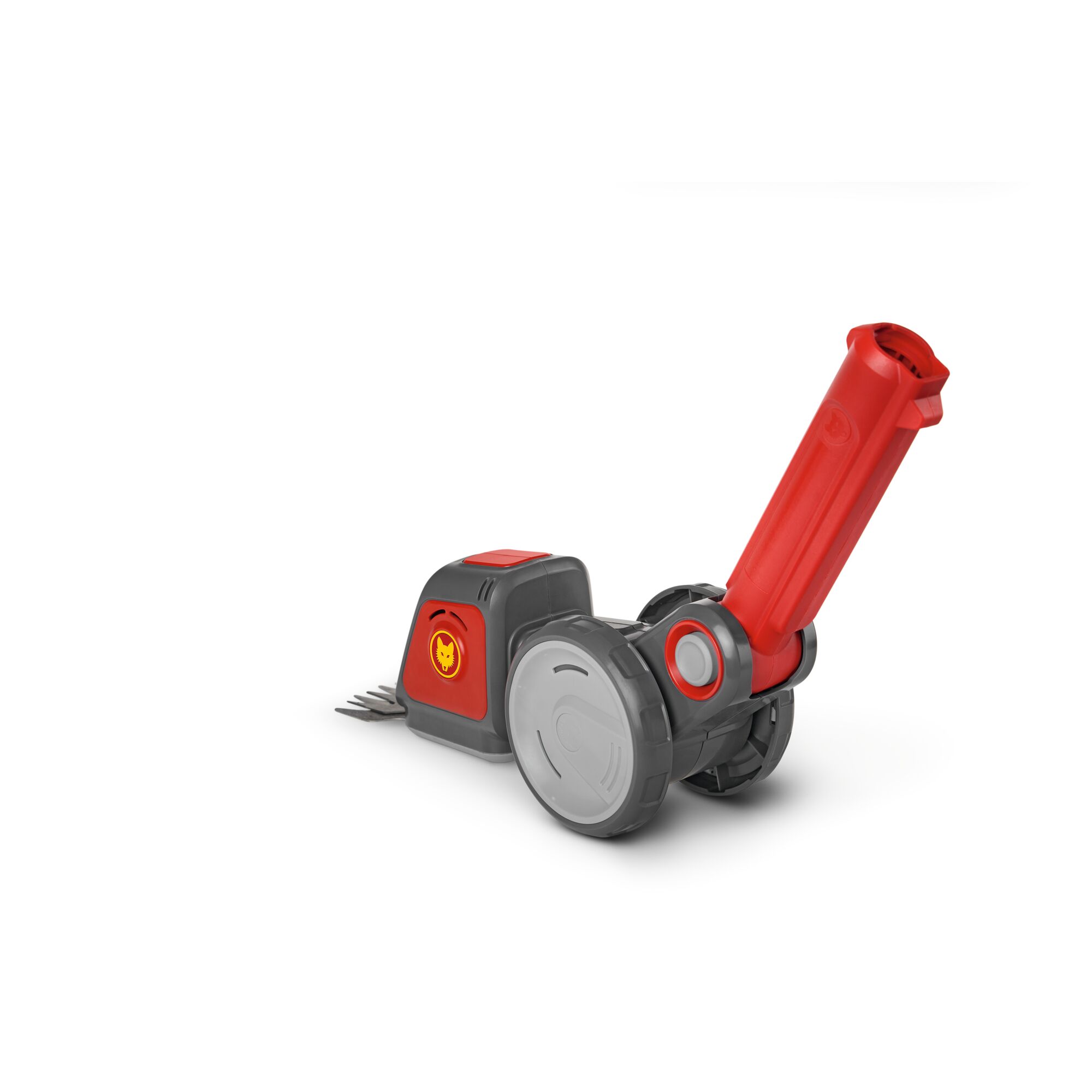A compact, handheld garden tool with a grey and red design, featuring wheels and a handle. The product appears to be a lawn or edge trimmer from the WOLFGarten brand.